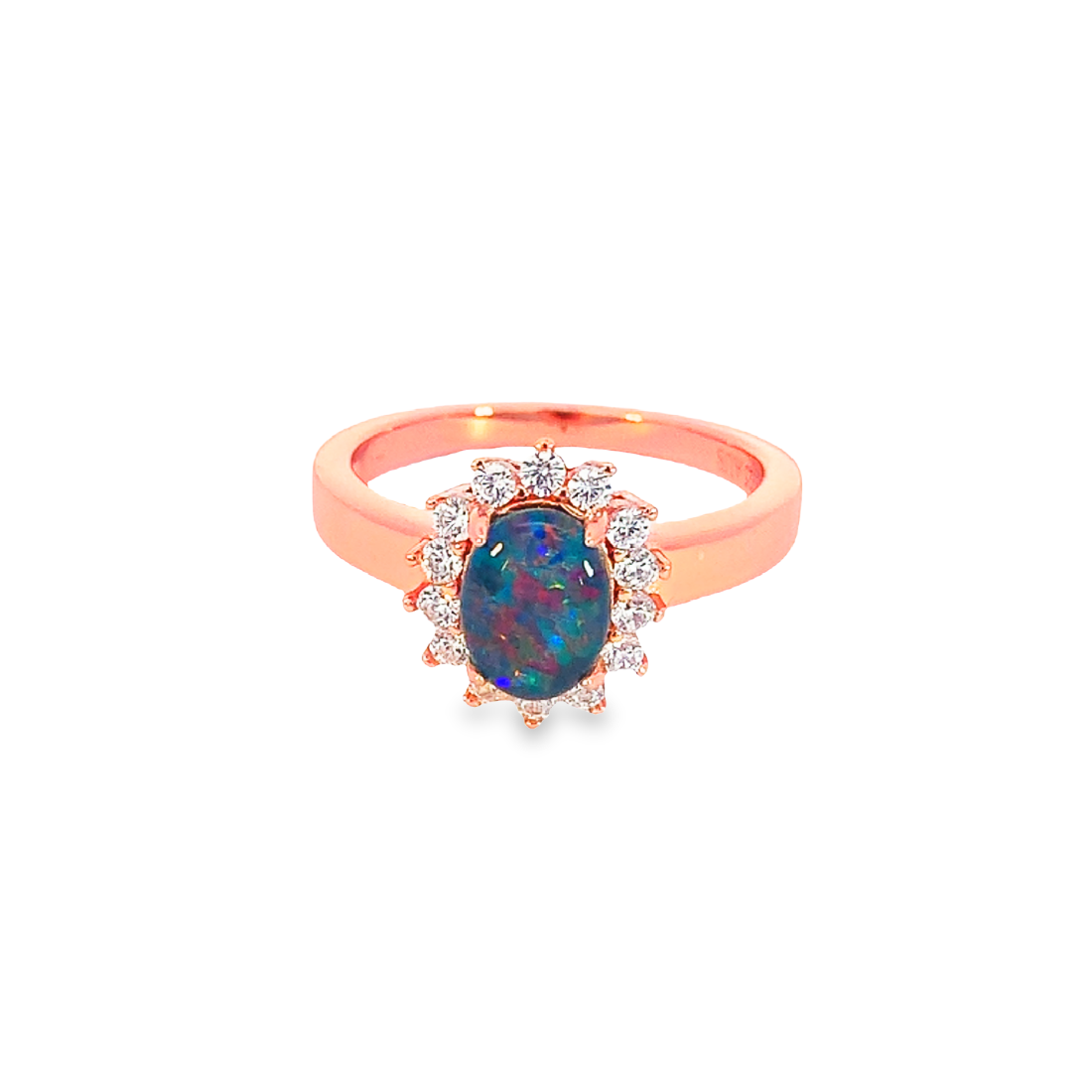 Rose Gold Plated Opal triplet 8x6mm cluster ring - Masterpiece Jewellery Opal & Gems Sydney Australia | Online Shop