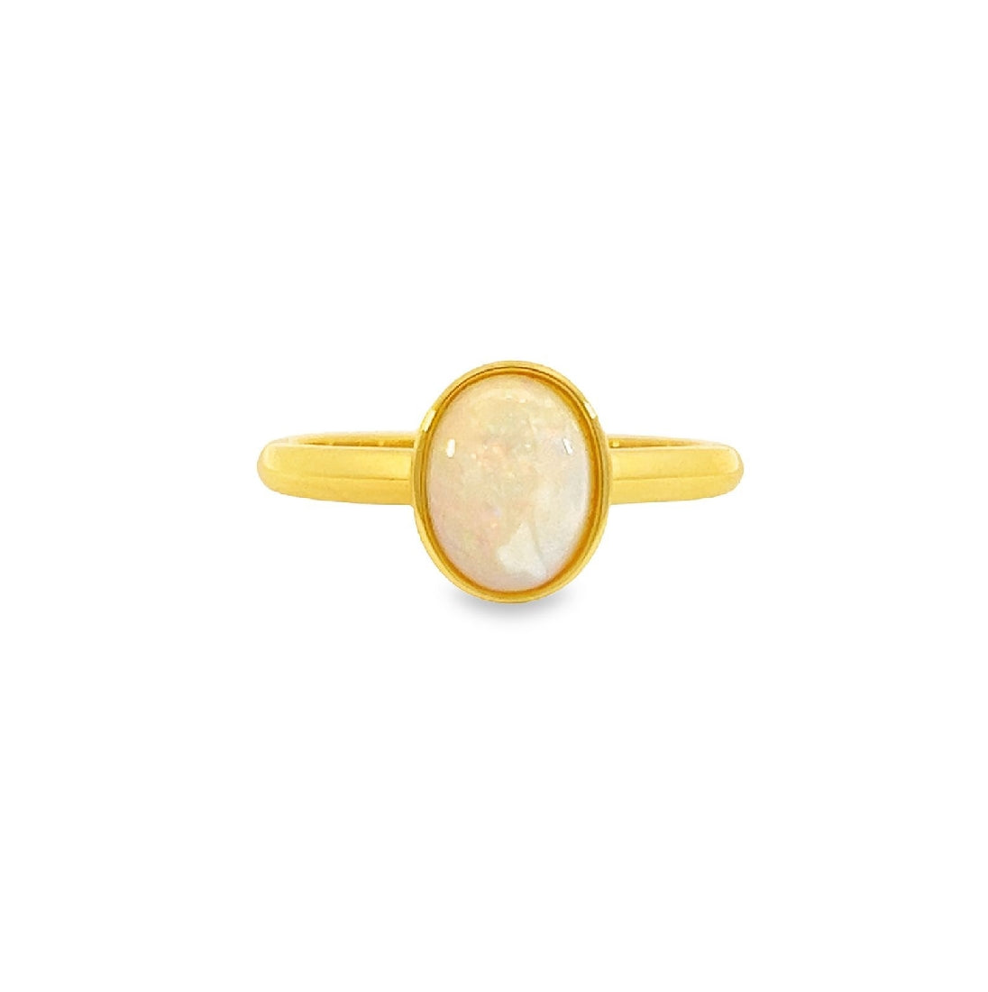 Gold plated sterling Silver 9x7mm White Opal ring solitaire bezel set - Masterpiece Jewellery Opal & Gems Sydney Australia | Online Shop