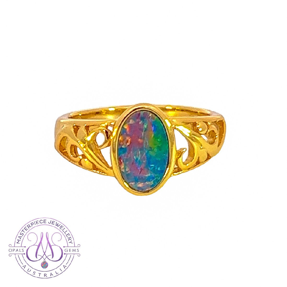 Gold Plated Silver patterned Oval Opal doublet ring - Masterpiece Jewellery Opal & Gems Sydney Australia | Online Shop