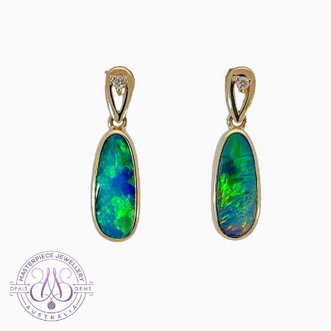 14kt Yellow Gold dangling earrings set with Opal doublets and diamonds - Masterpiece Jewellery Opal & Gems Sydney Australia | Online Shop