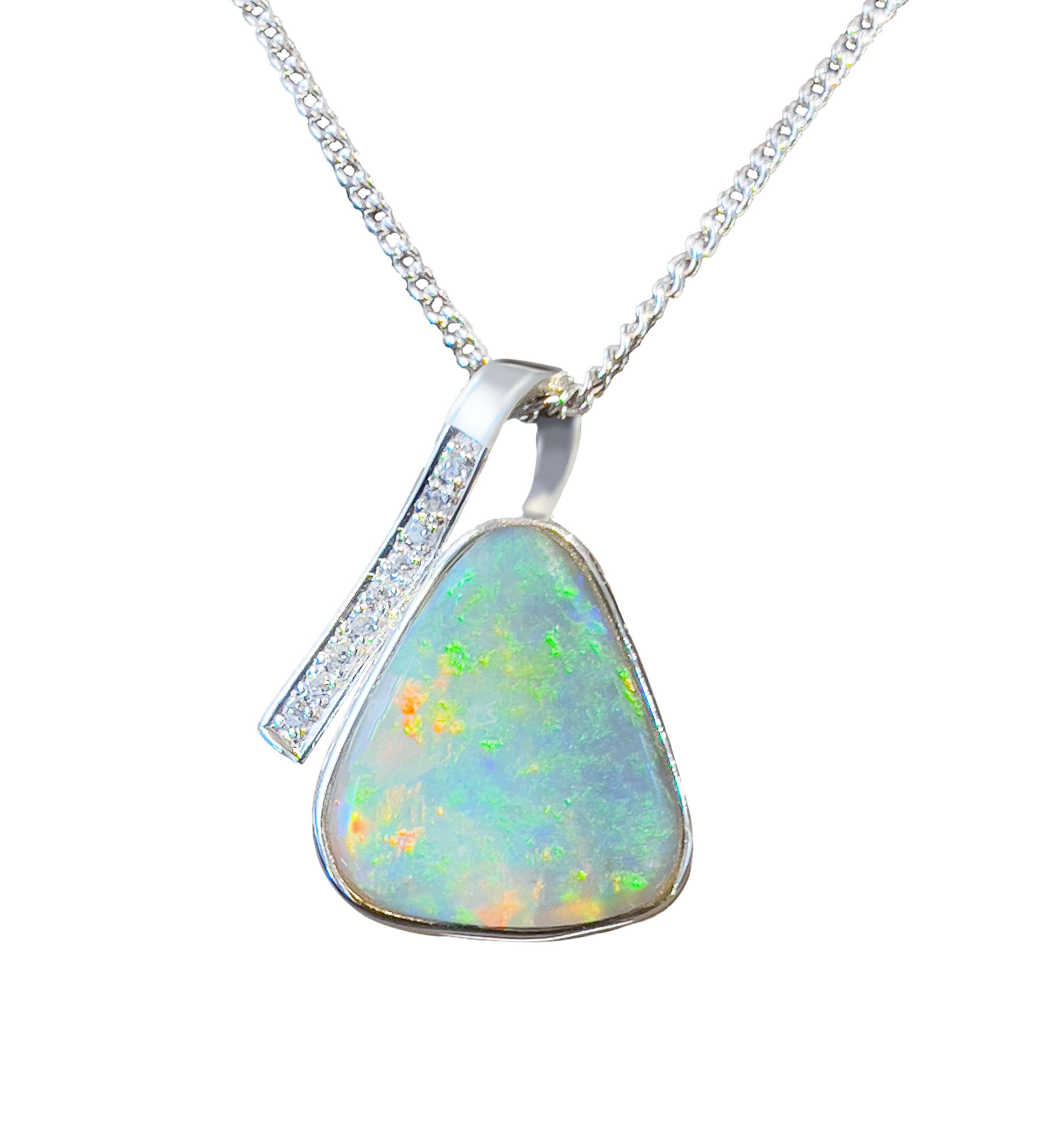 Sterling Silver Crystal Opal pendant with cubic zirconias triangular shape - Masterpiece Jewellery Opal & Gems Sydney Australia | Online Shop