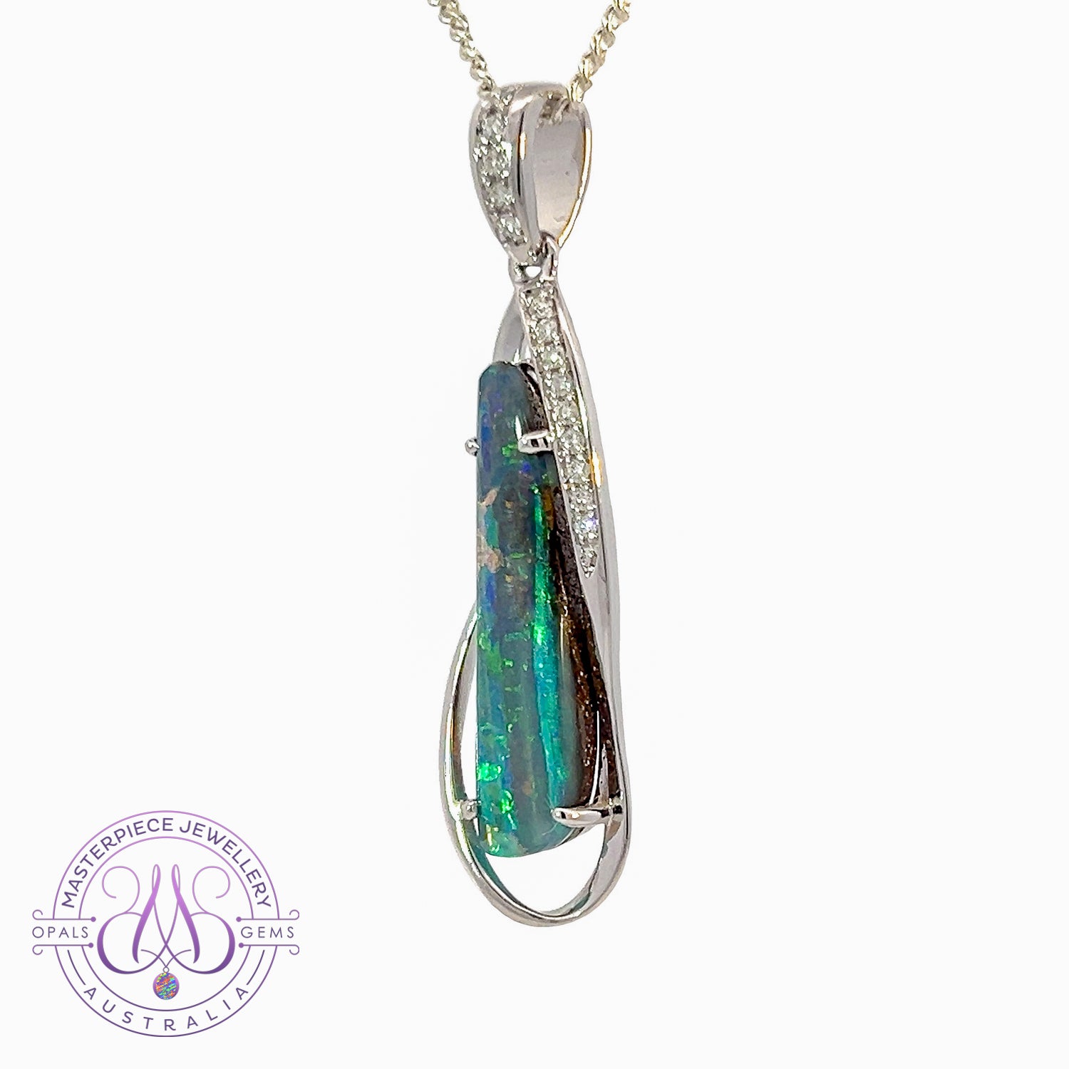 14kt White Gold swirl design Boulder Opal 3.43ct with 14 Diamond 0.1ct - Masterpiece Jewellery Opal & Gems Sydney Australia | Online Shop