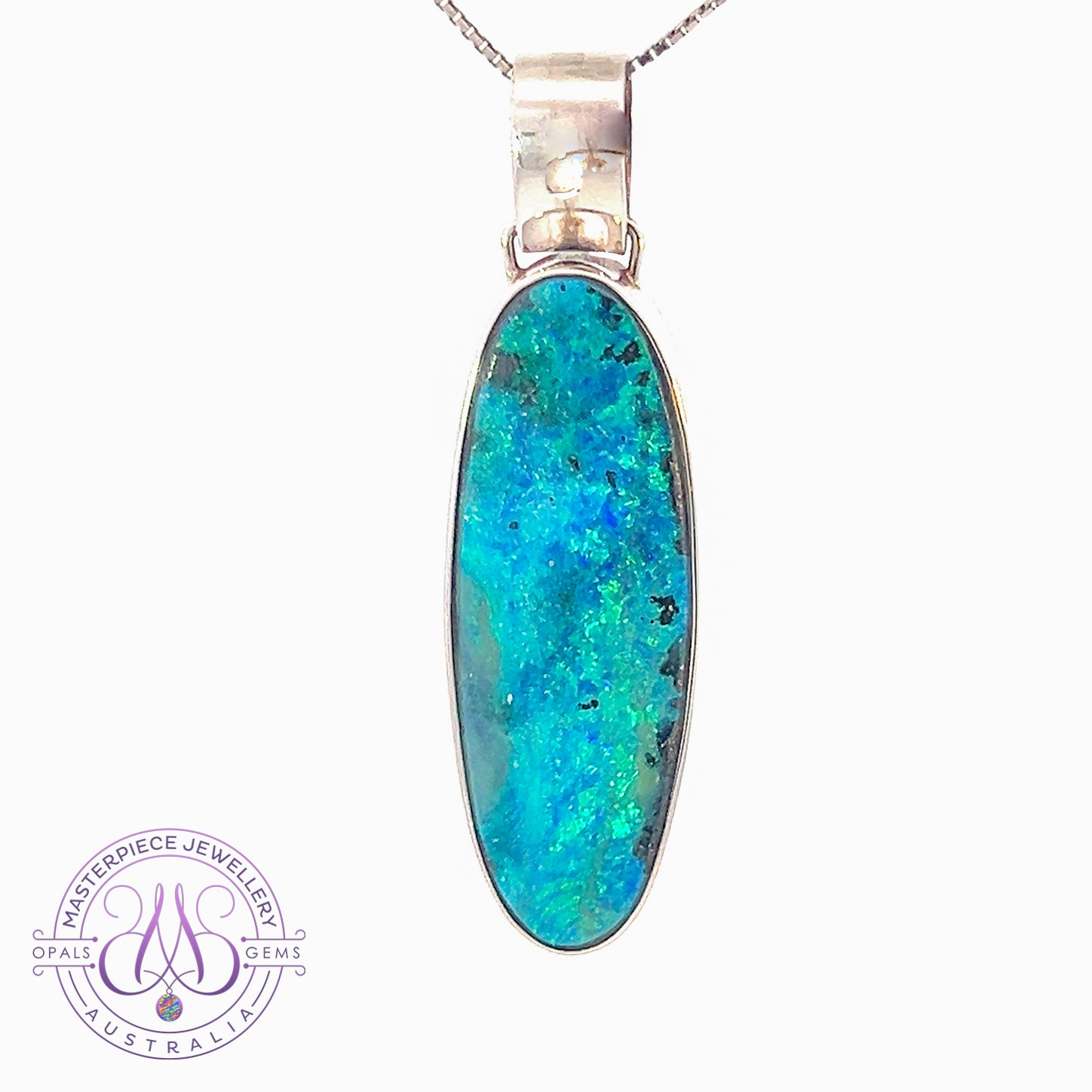 14kt White Gold long oval shape Boulder Opal 22.03ct pendant - Masterpiece Jewellery Opal & Gems Sydney Australia | Online Shop