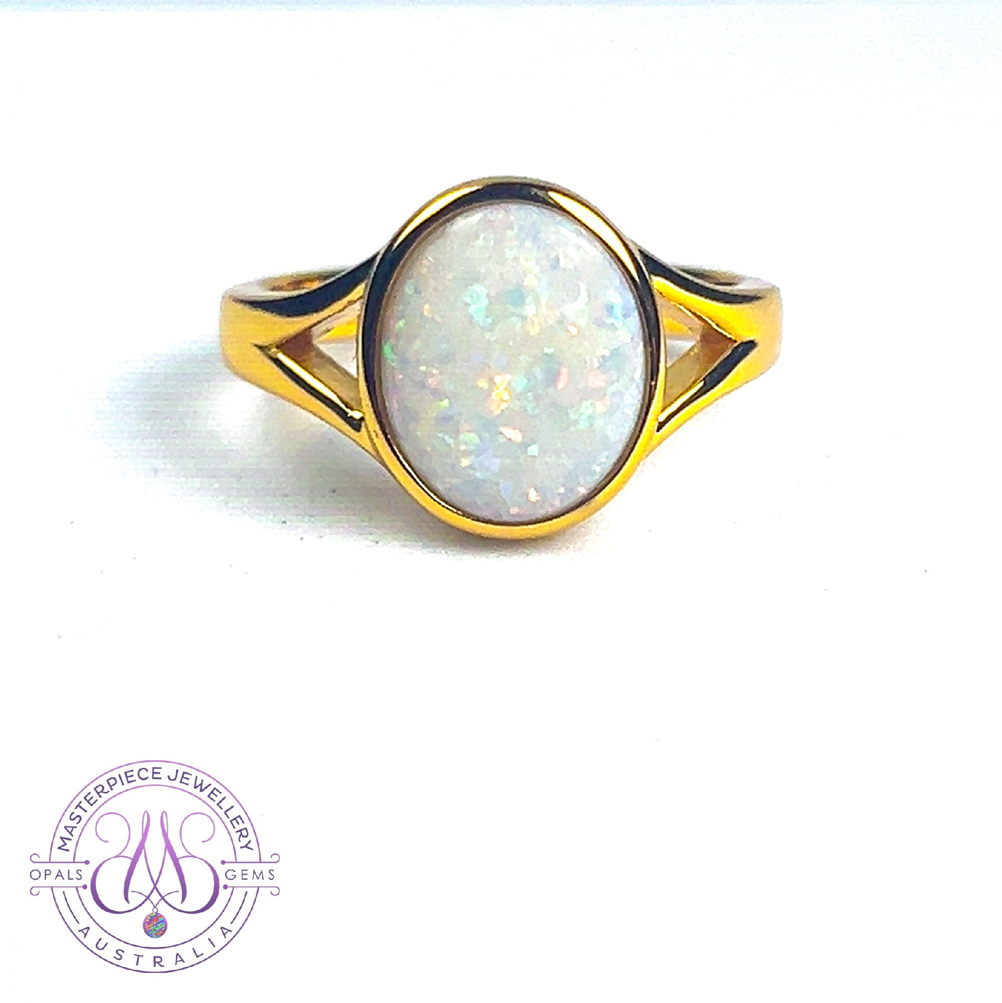 Gold plated Sterling Silver bezel set 1.35ct White Opal ring split shank