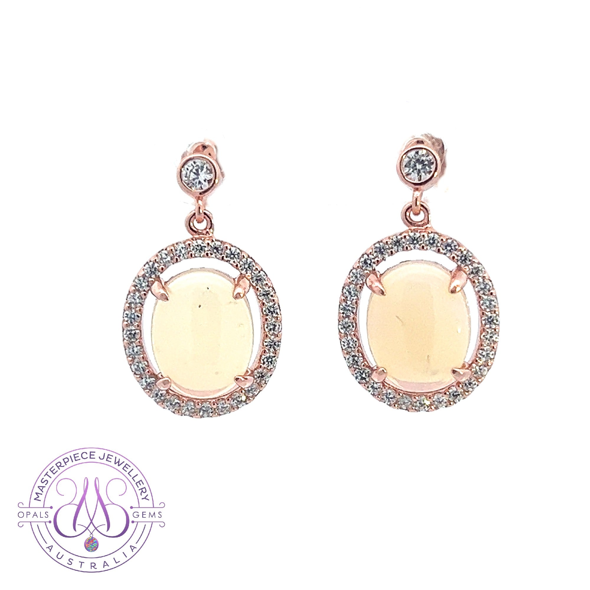 Rose Gold plated Sterling Silver dangling halo earrings 10x8mm White opals
