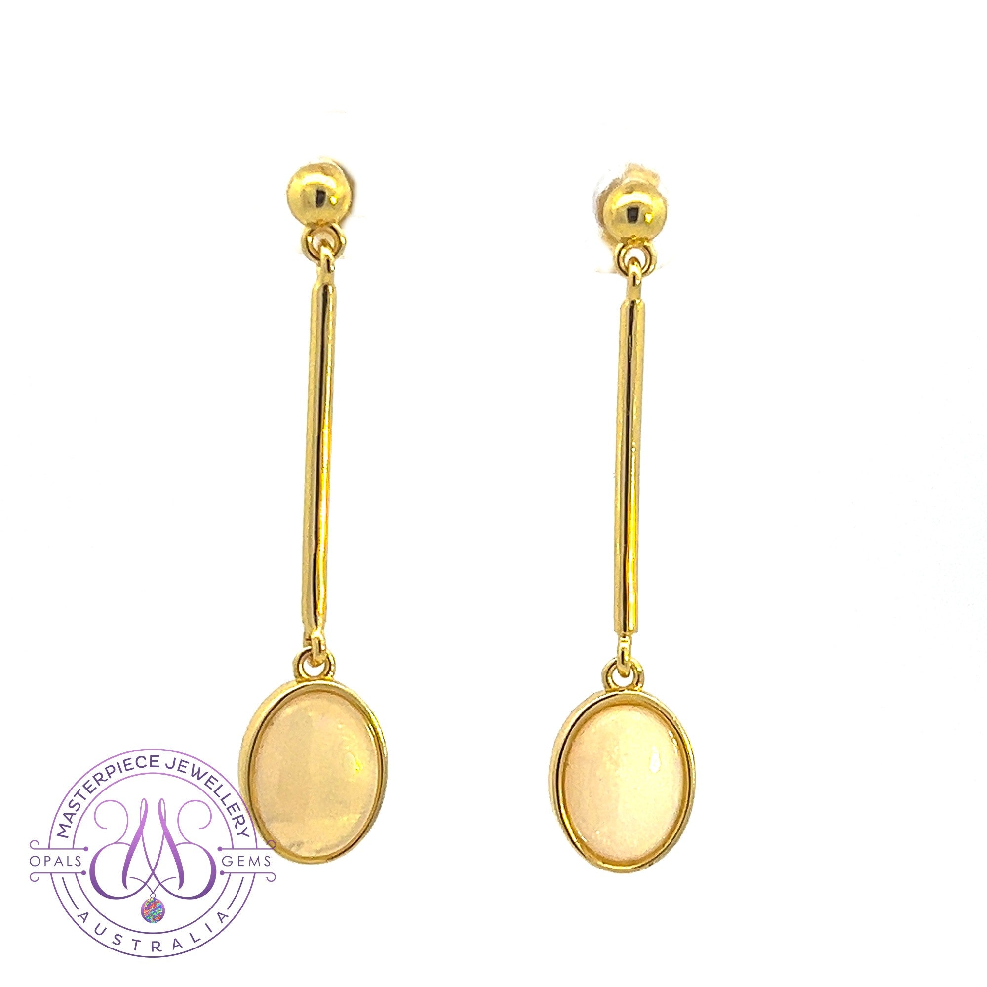 Pair of Gold Plated long bar dangling earrings with White Opals 9x7mm
