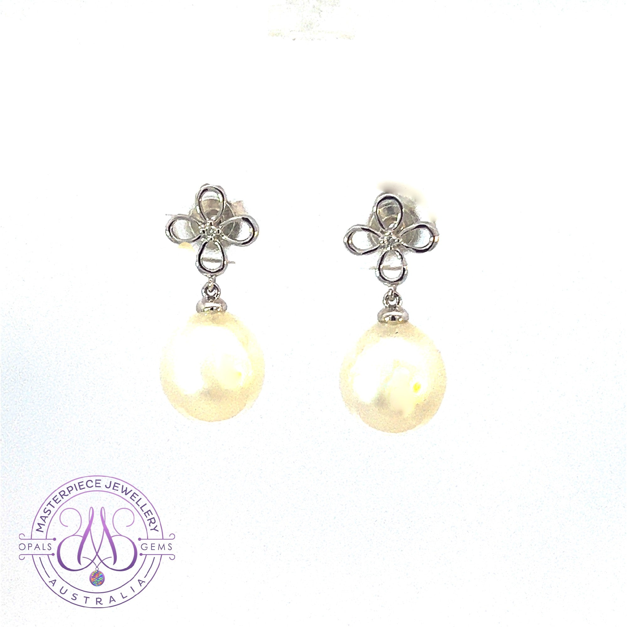 Sterling Silver dangling 10mm South Sea pearls with diamonds earrings