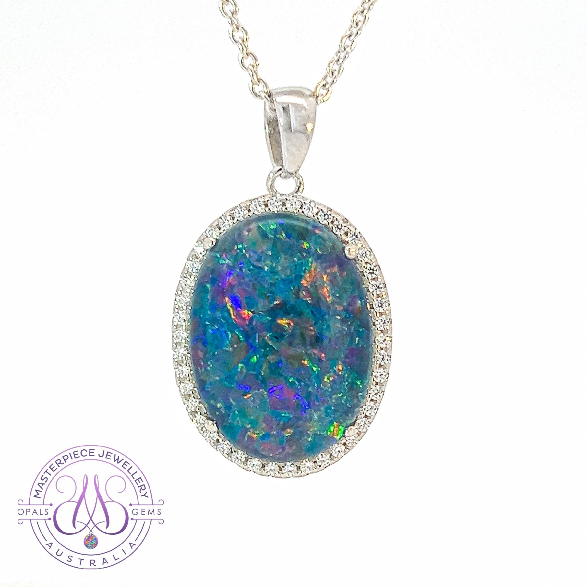 Sterling Silver 18x13mm Opal triplet Halo pendant