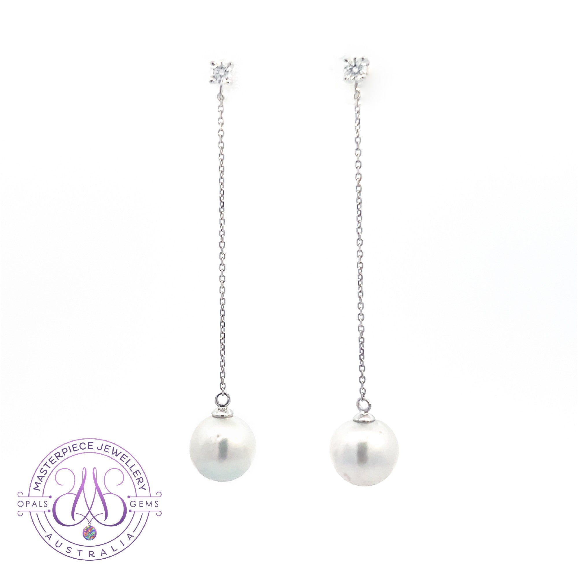 18kt White Gold dangling 8.5-9mm South Sea Pearl and diamond dangling earrings