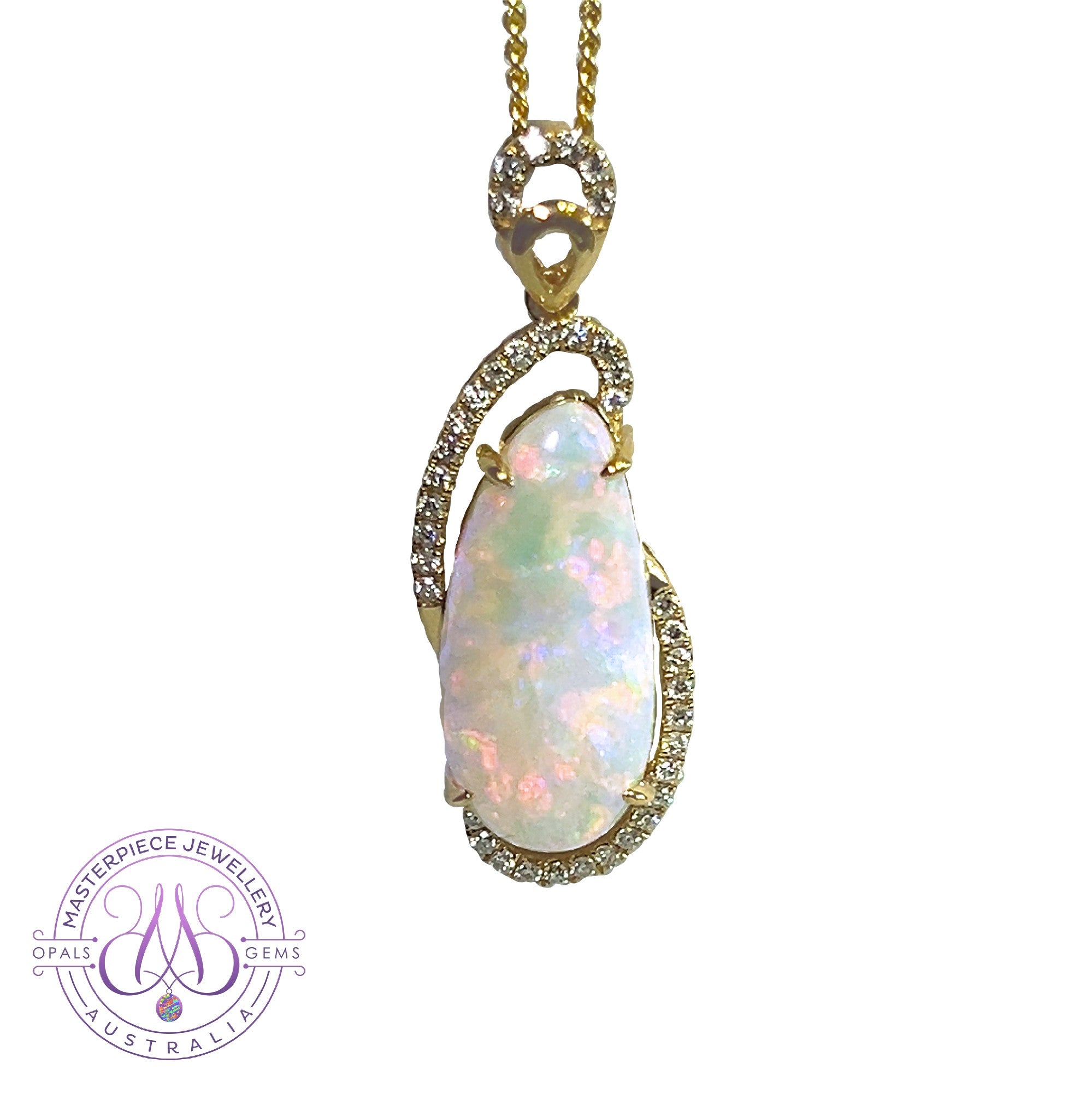 18kt Yellow Gold 4.72ct Freeform Crystal Opal and diamond pendant