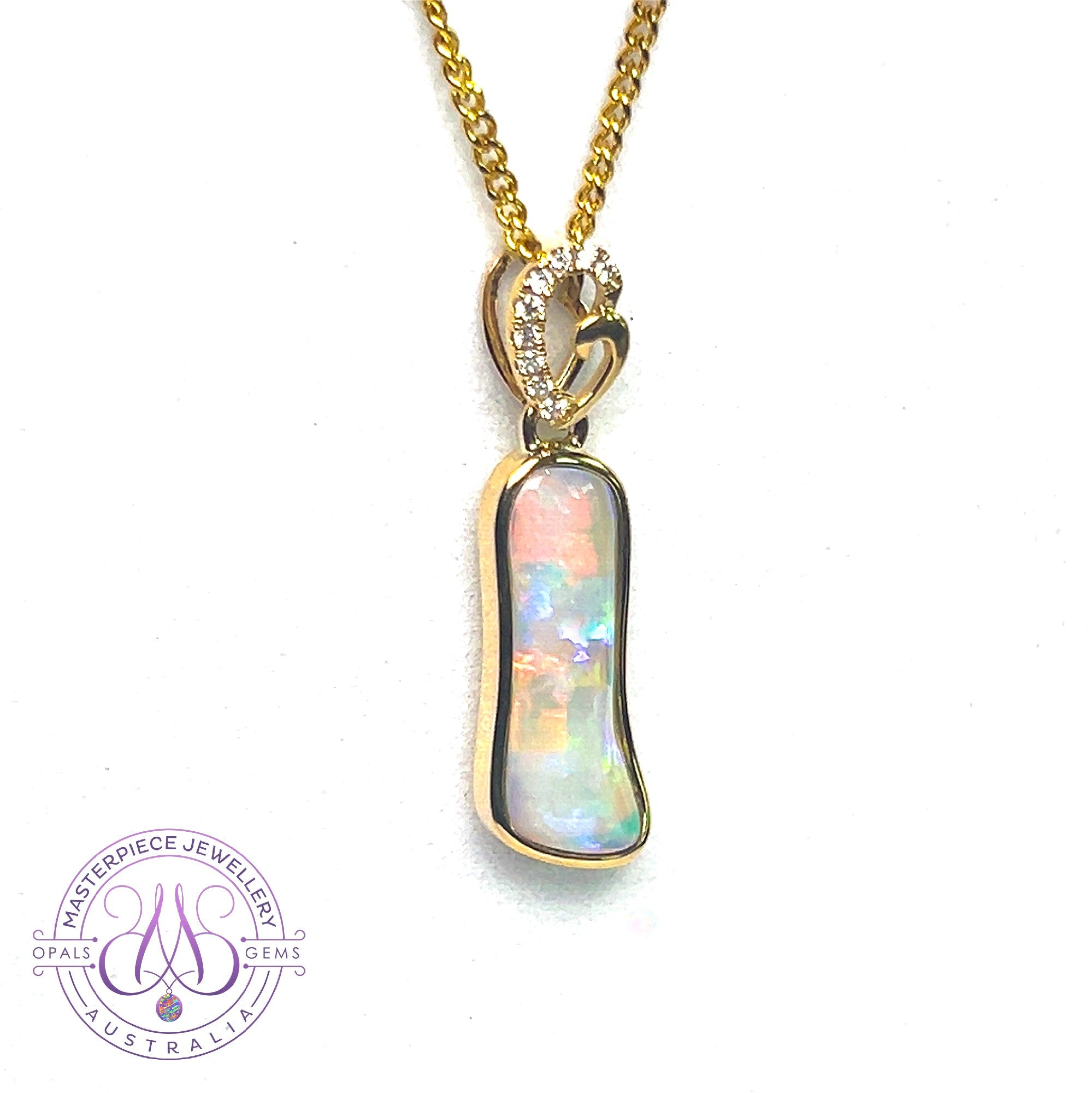 14kt Yellow Gold freeform Crystal Opal 1.05ct and diamond pendant