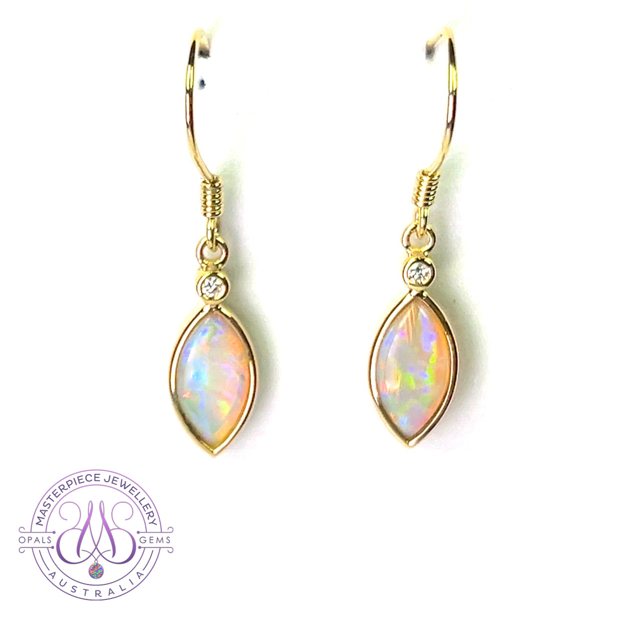 14kt Yellow Gold dangling Marquise shape Crystal Opal earrings 