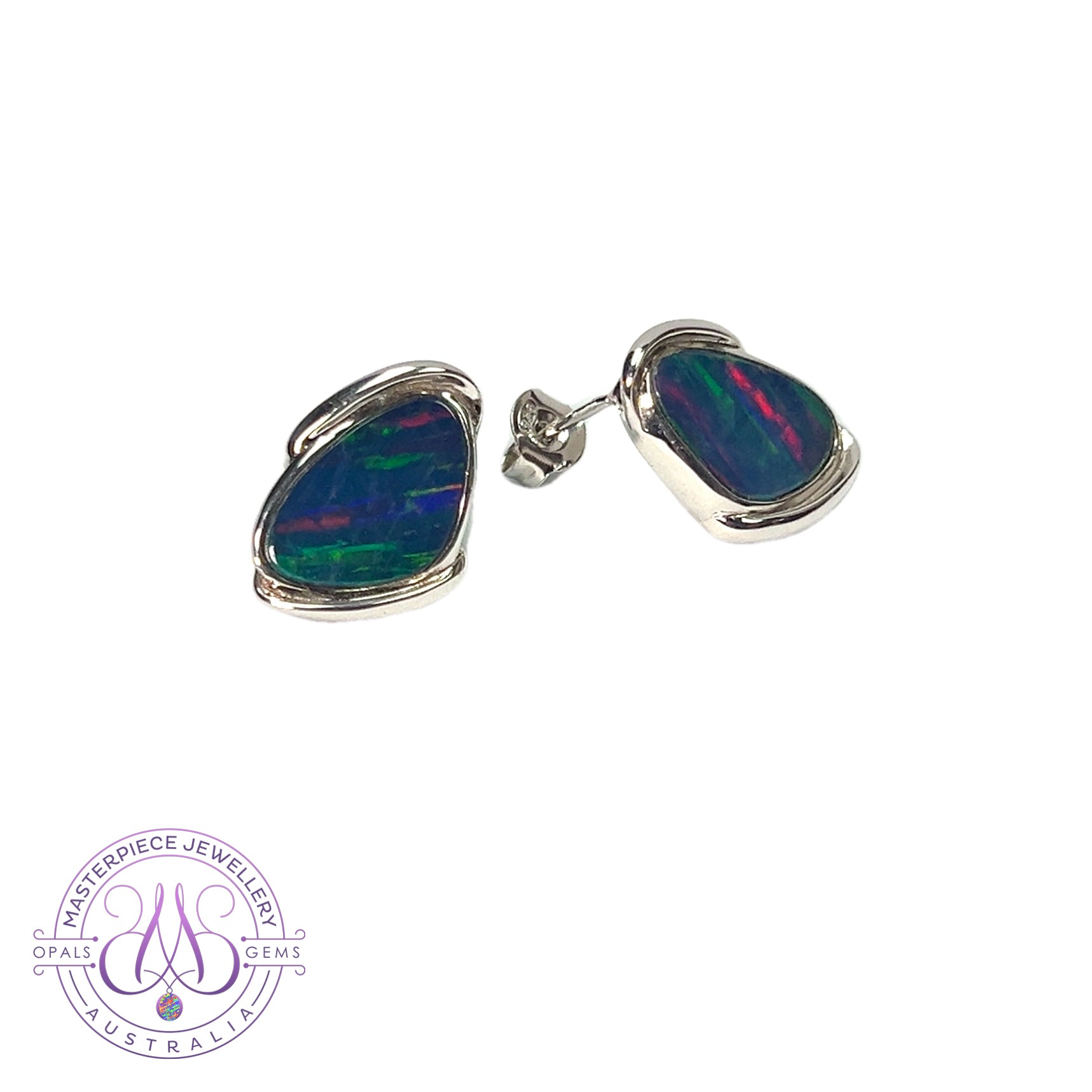 Sterling Silver large Opal doublet studs stripe pattern bezel set