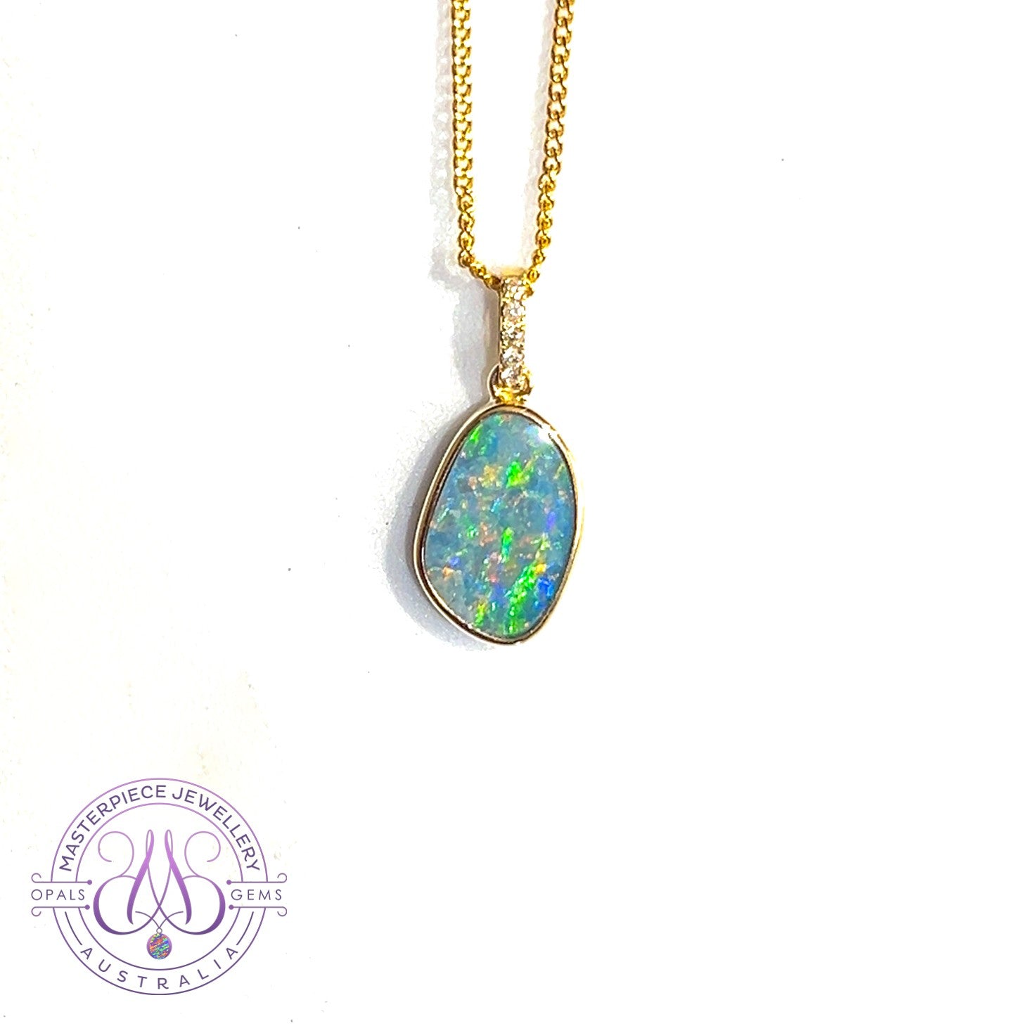 14kt Yellow Gold 3.01ct Opal Green doublet and diamond pendant