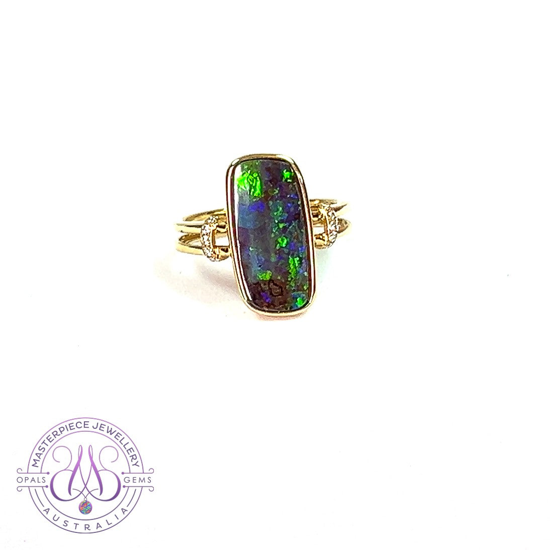 14kt Yellow Gold split shank Boulder Opal 3.98ct and diamond ring