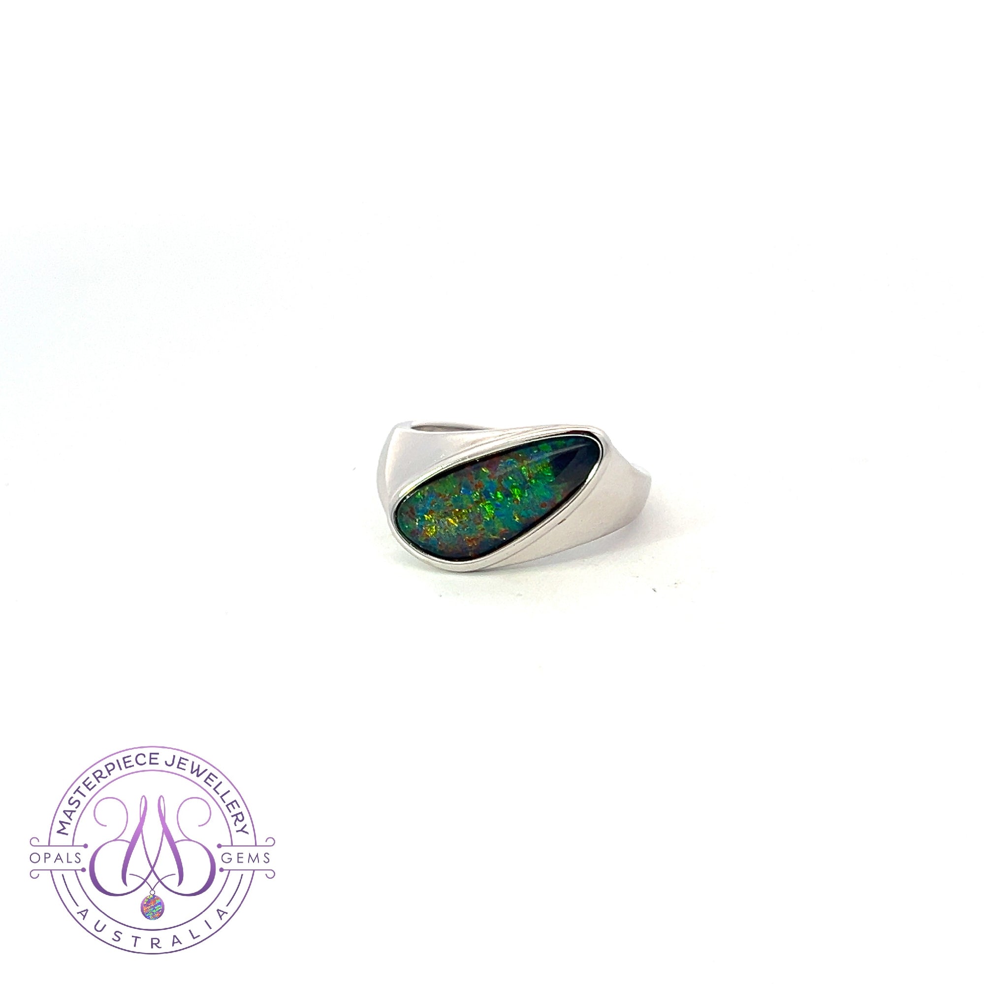 Sterling Silver shaped mens thin band with Opal triplet ring