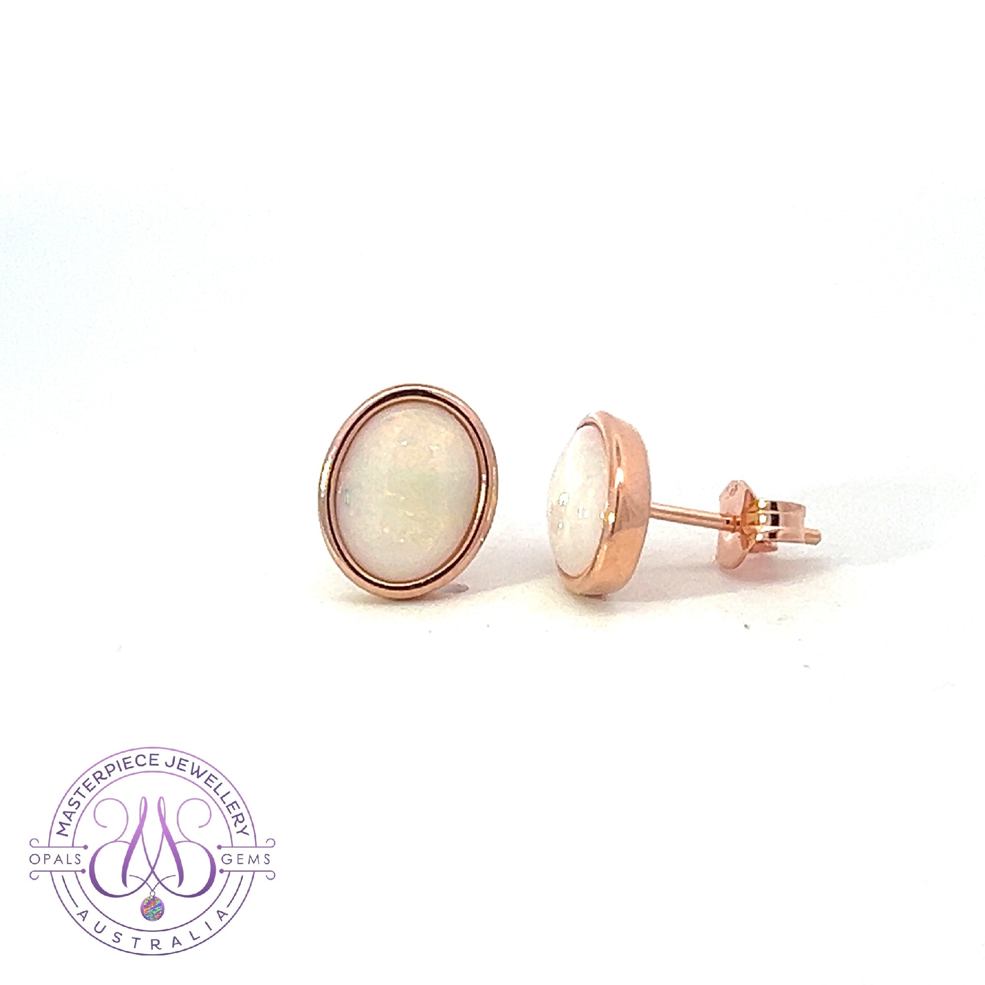 Rose Gold plated Sterling Silver bezel set Oval White Opal studs 9x7mm