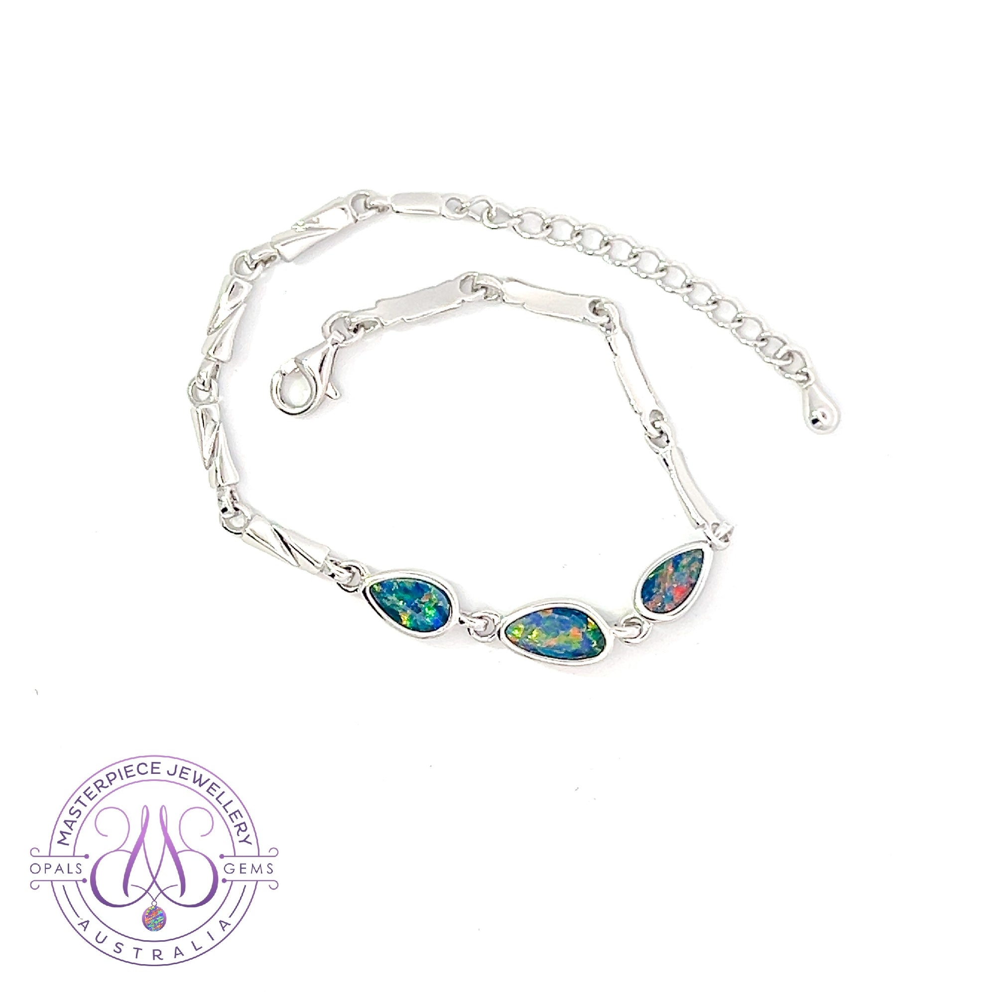 Sterling Silver Opal doublet freeform 3 stone bracelet