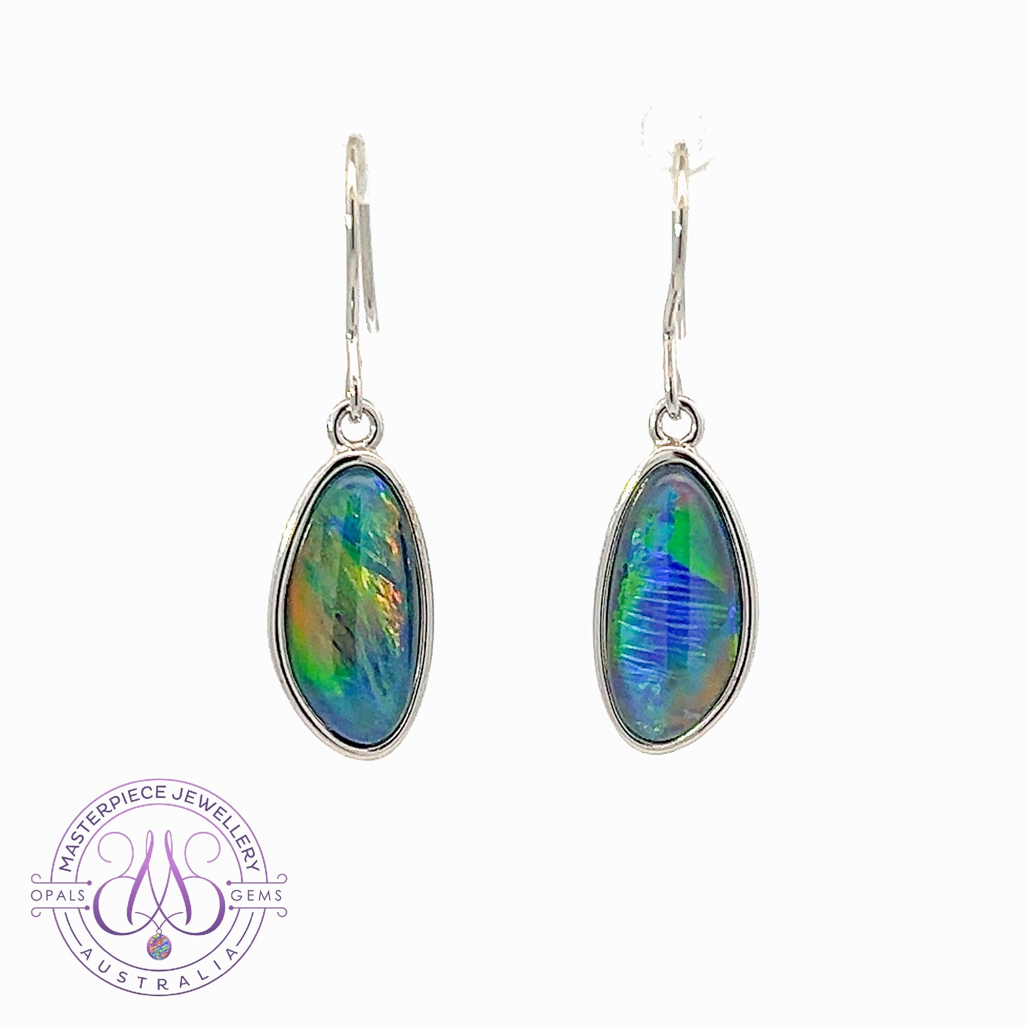 Sterling Silver dangling Freeform shape Opal triplet earrings 16x8mm