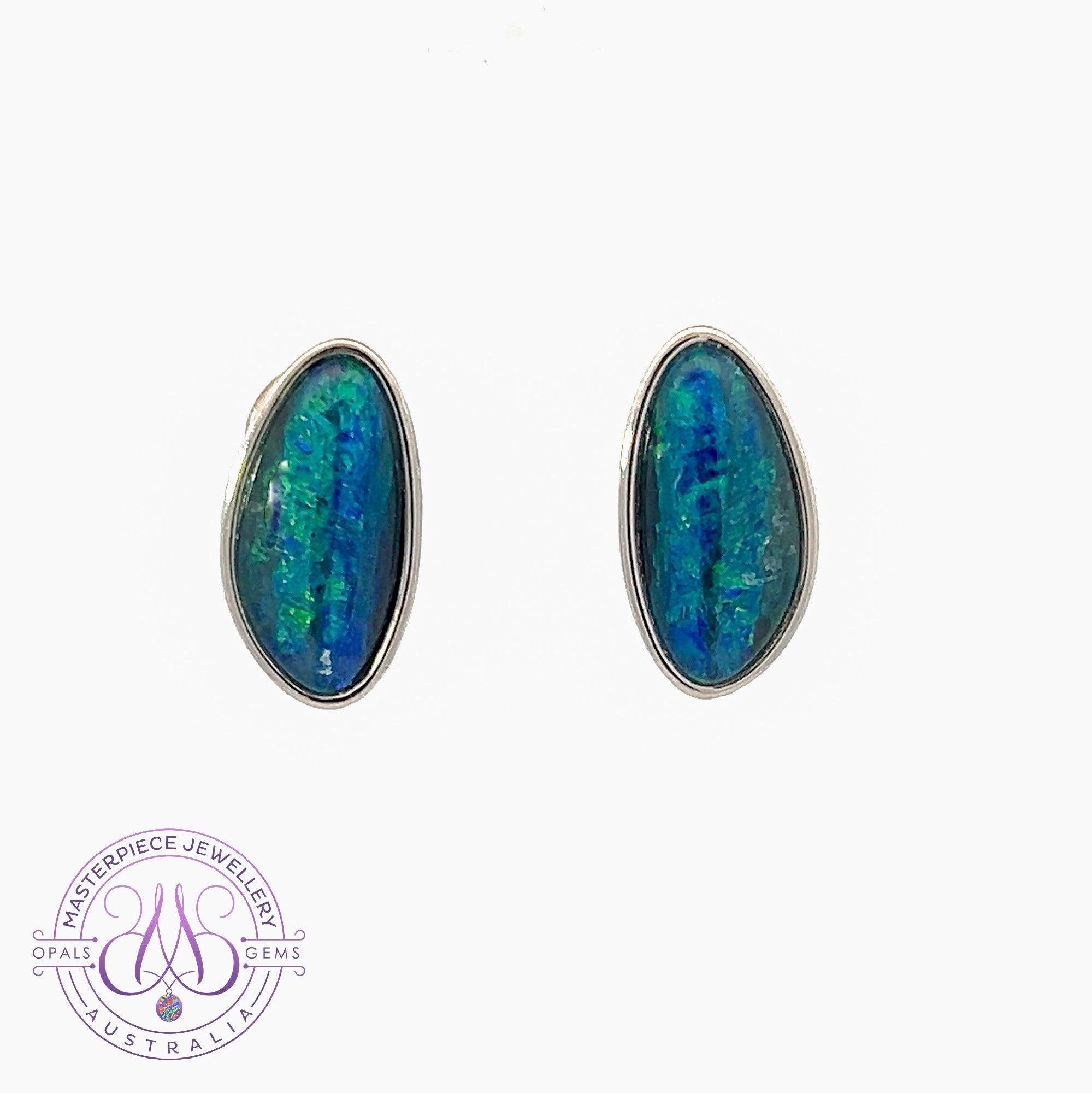 Sterling Silver Opal triplet Blue Green large freeform studs bezel