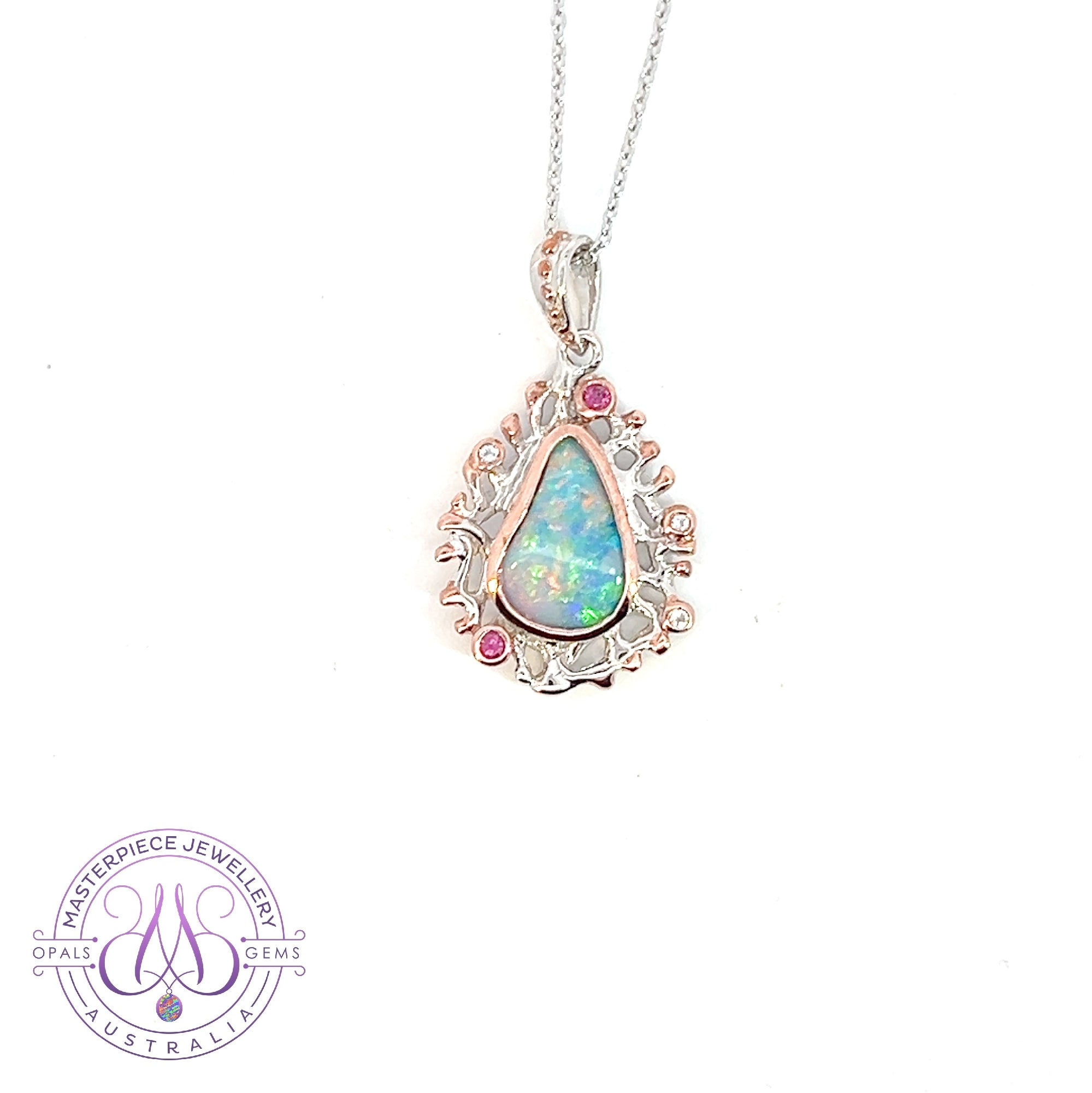 Sterling Silver Two tone coral design Opal and colour stone pendant