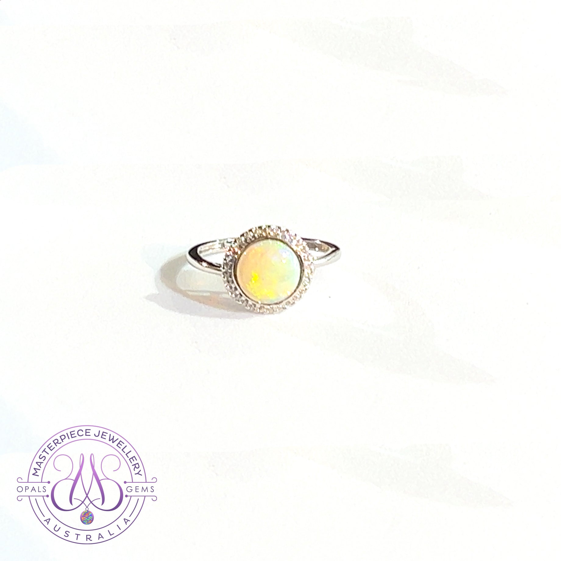 Sterling Silver Round White Opal halo ring