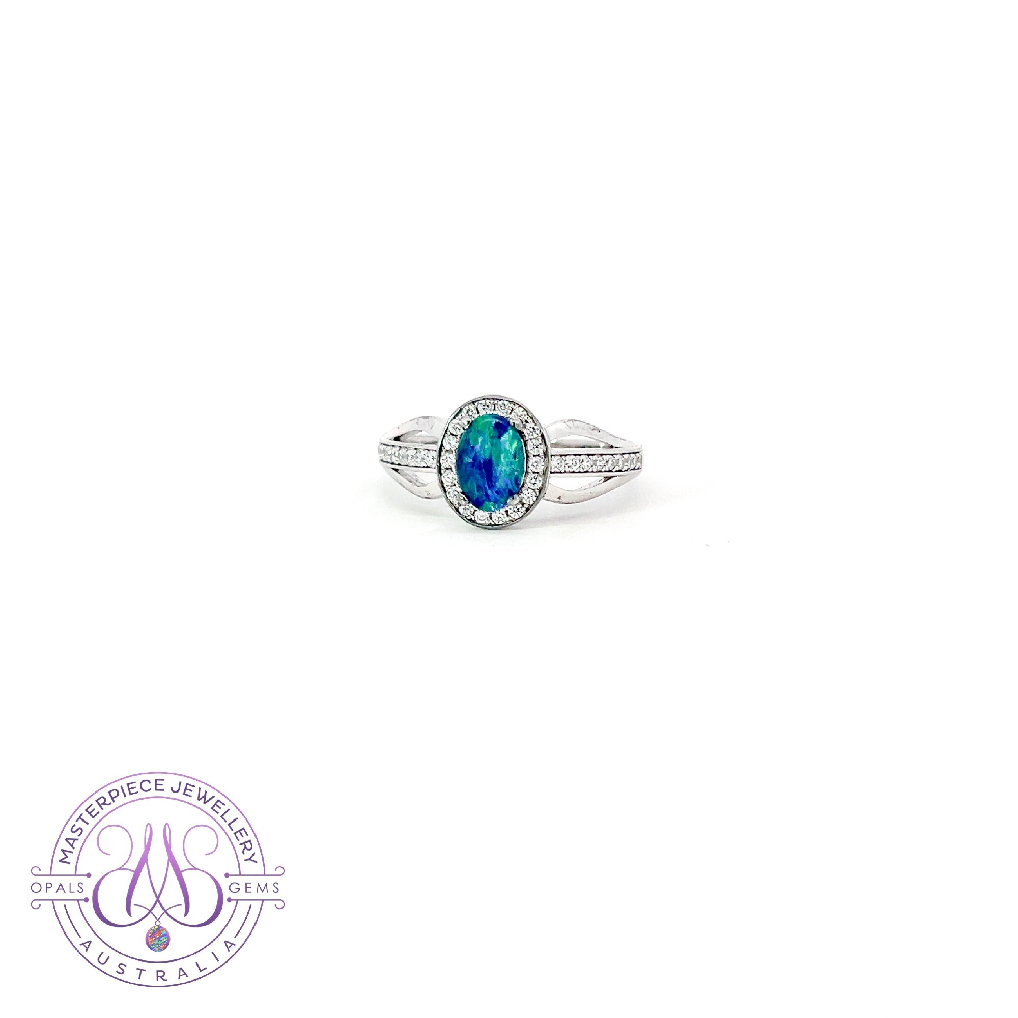 Sterling Silver Halo Opal triplet ring with cubic zirconias on shank