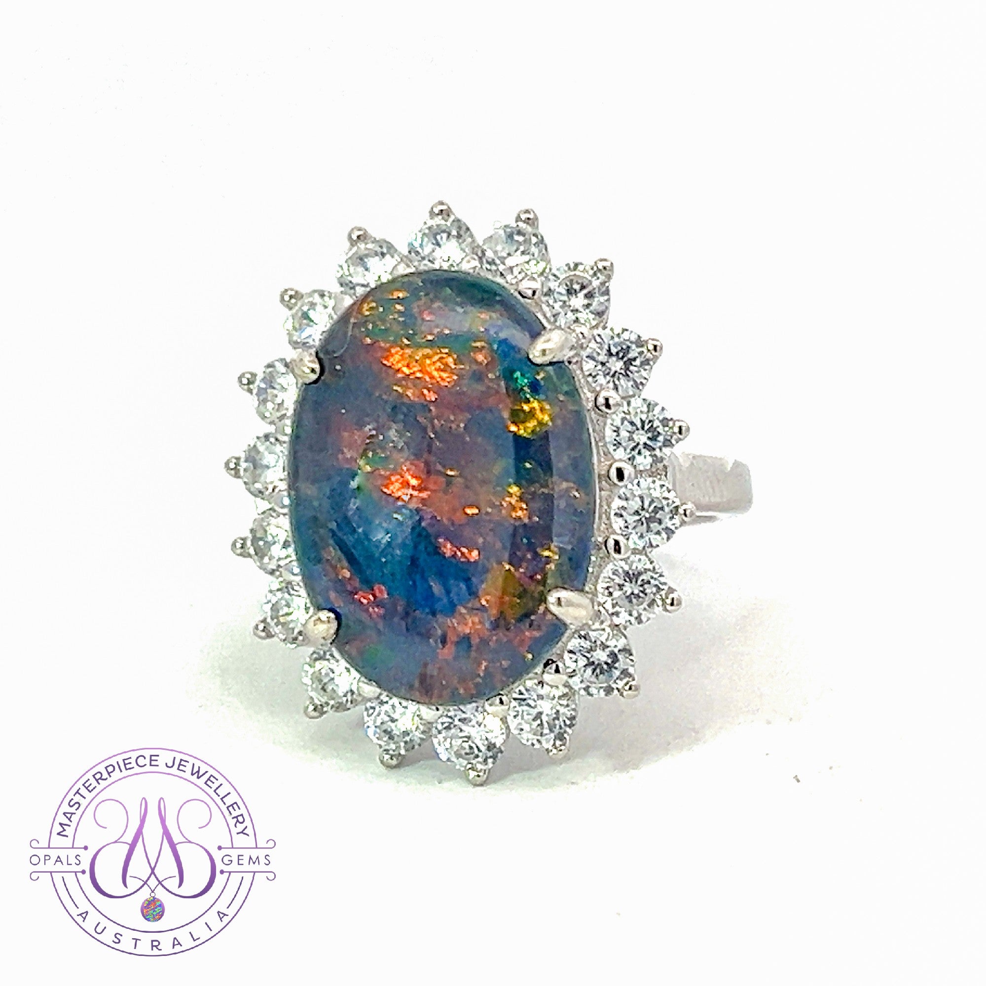 Sterling Silver 18x13mm Opal triplet cluster ring