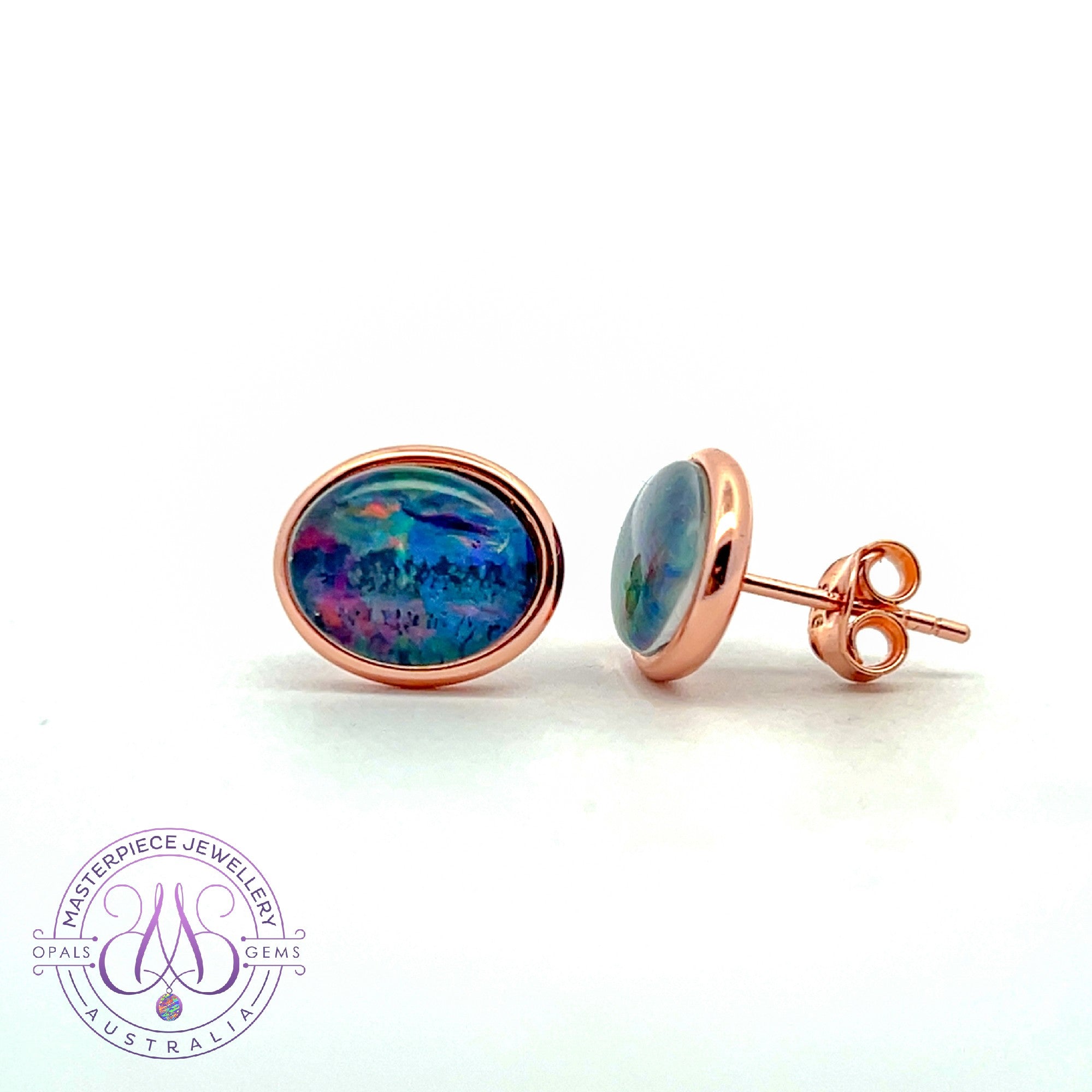 Rose Gold Sterling Silver 10x8mm Opal triplet bezel studs