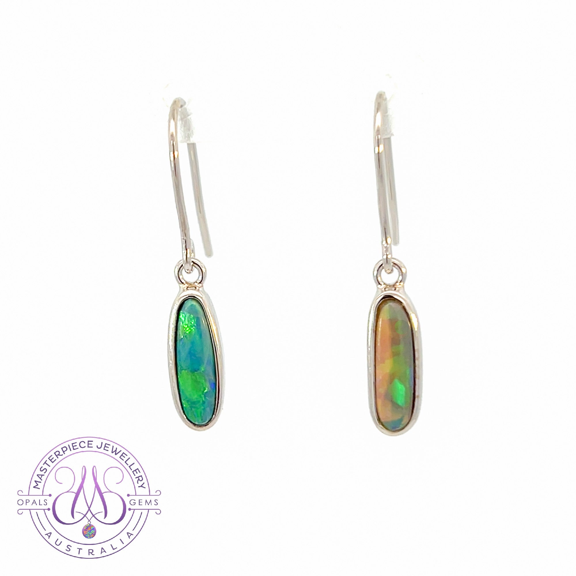 Sterling Silver dangling Black Opal Green Oval earrings