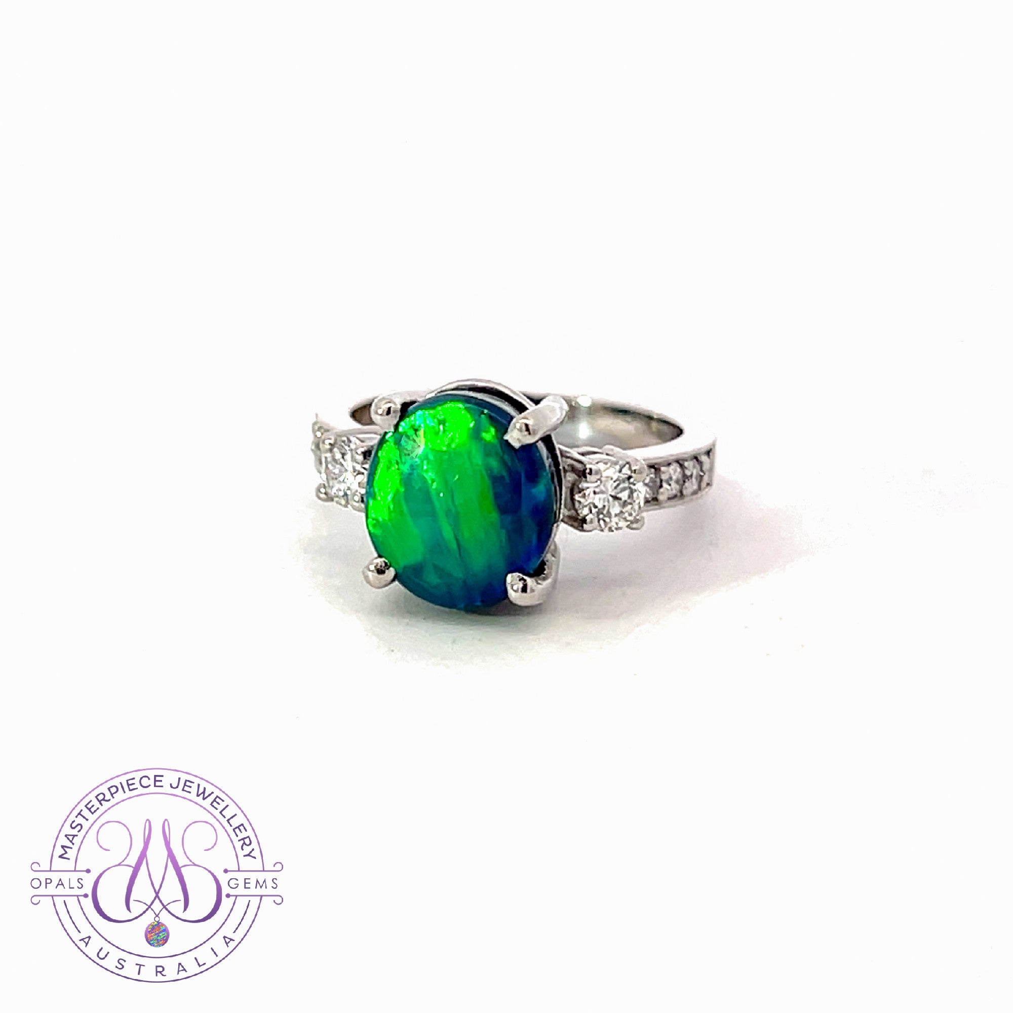 Platinum Black Opal green flash and diamond ring