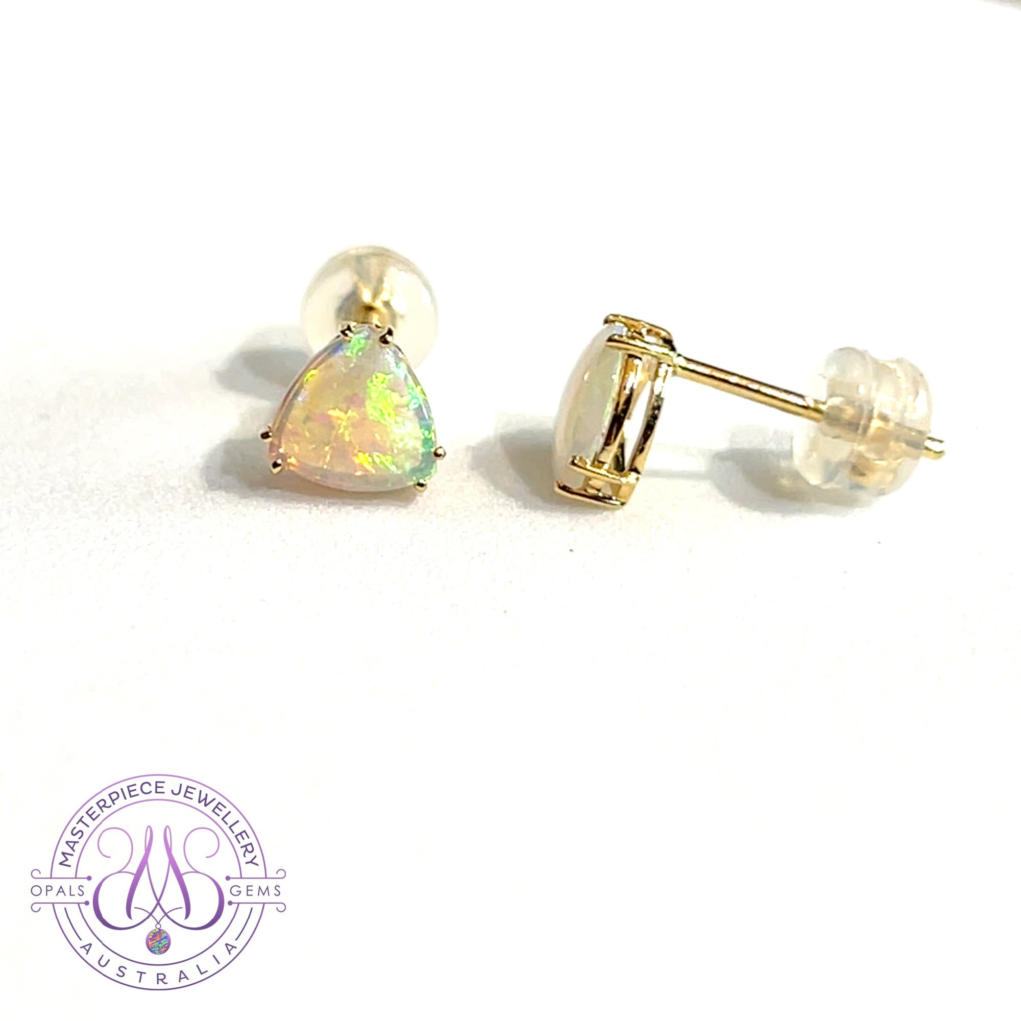 14kt Yellow Gold pair of Trillion cut Crystal Opals 0.83ct studs