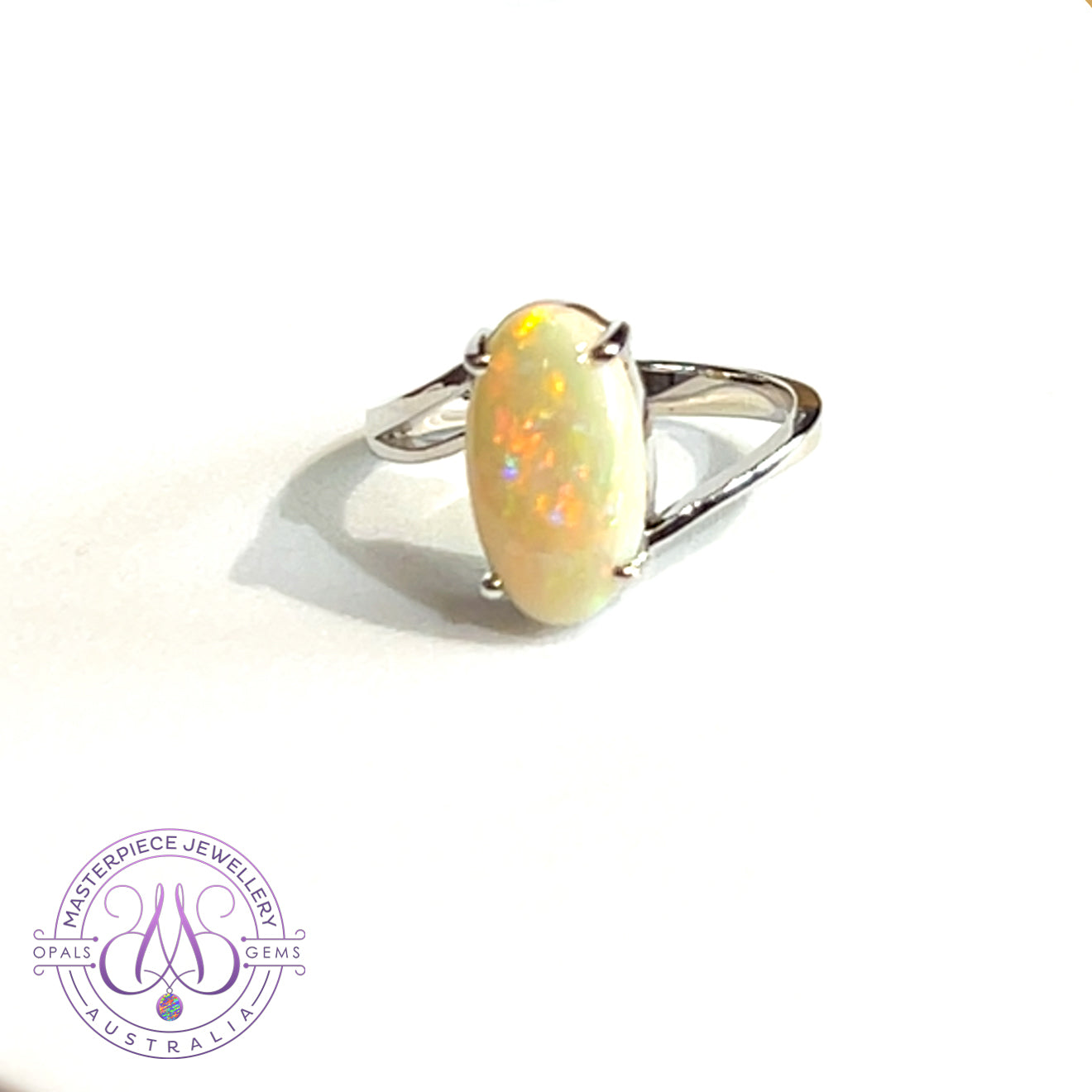 Sterling Silver White Opal Oval cross over style ring