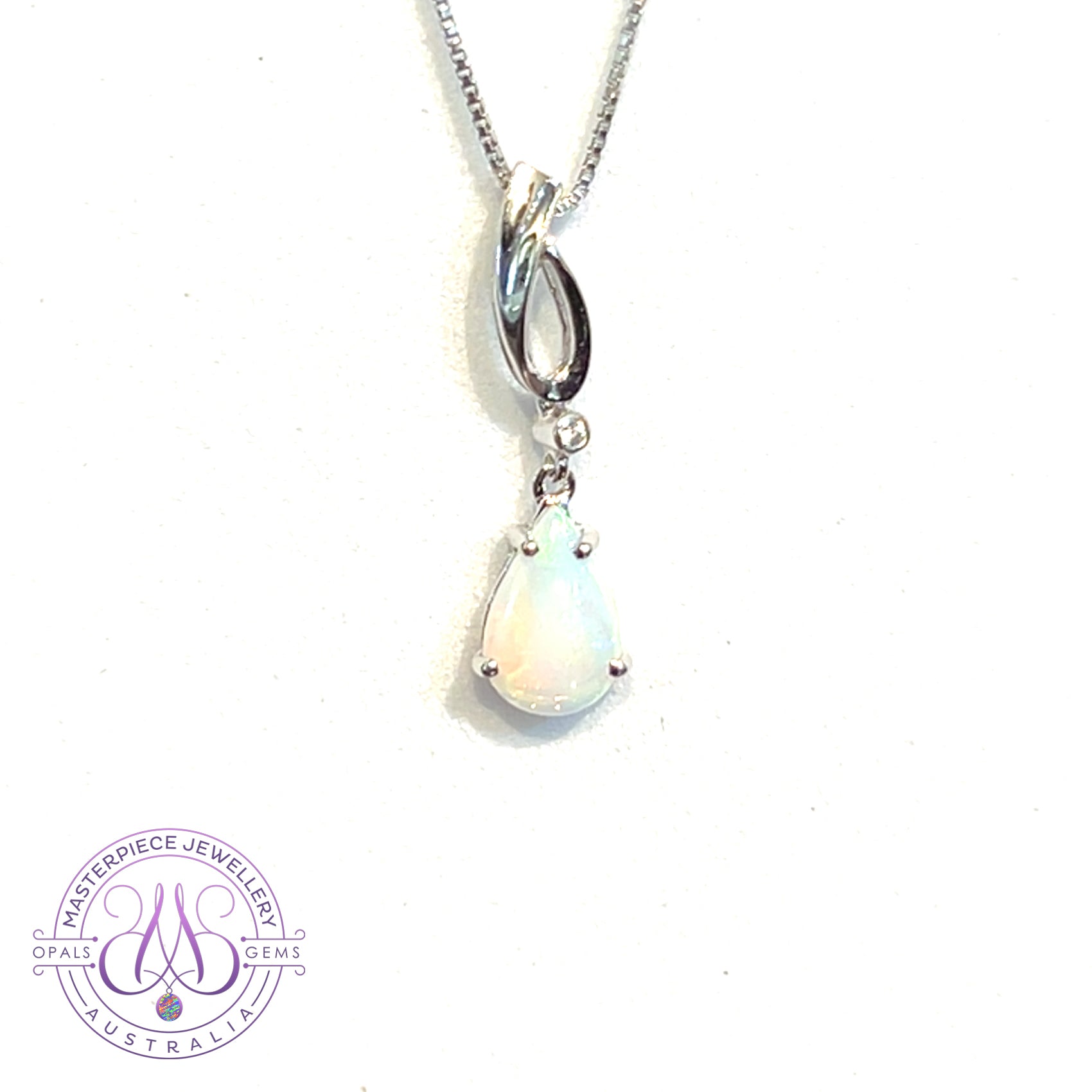 Sterling Silver 9x6mm Light Opal pear shape and cz pendant