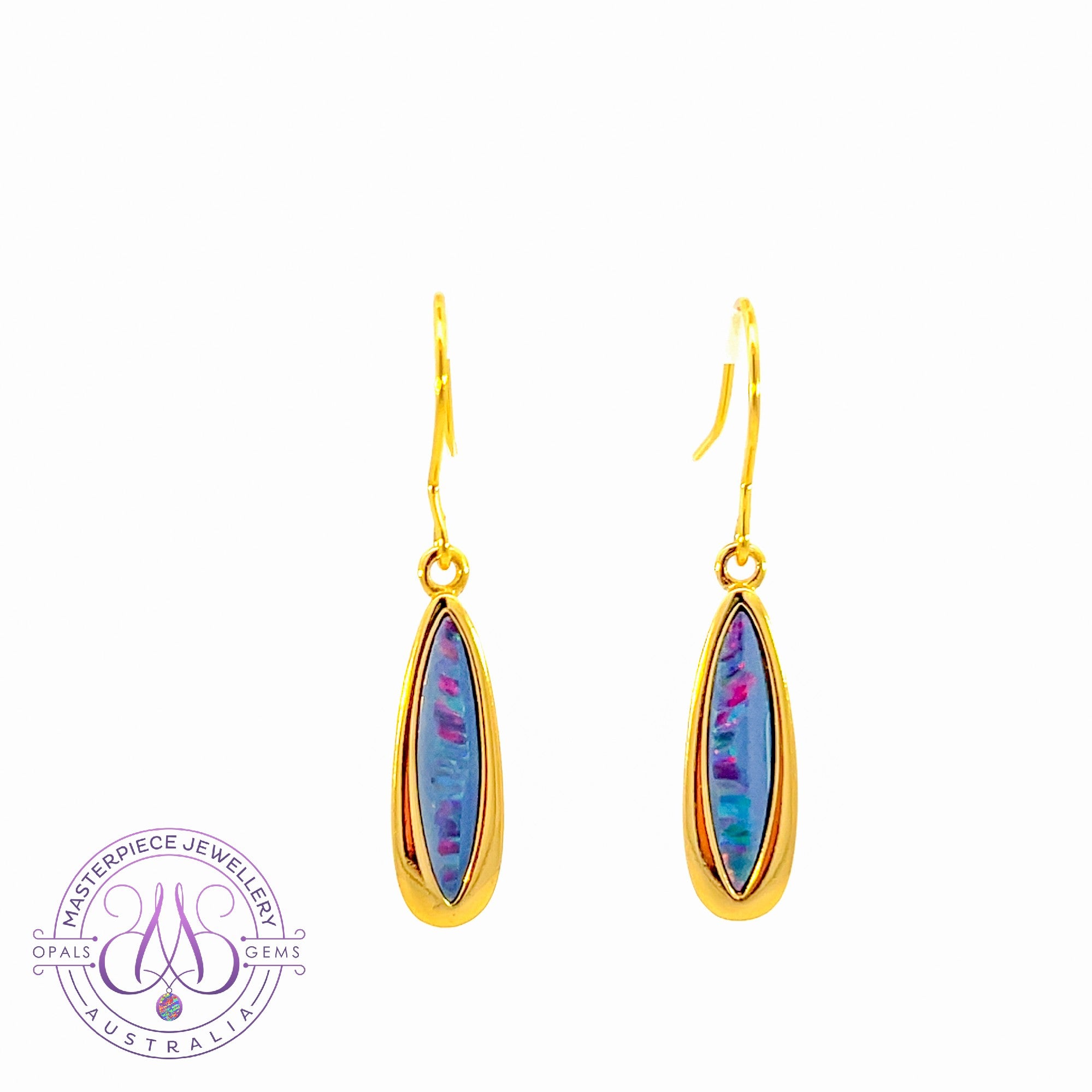 Gold plated silver earrings drop long style Opal doublet