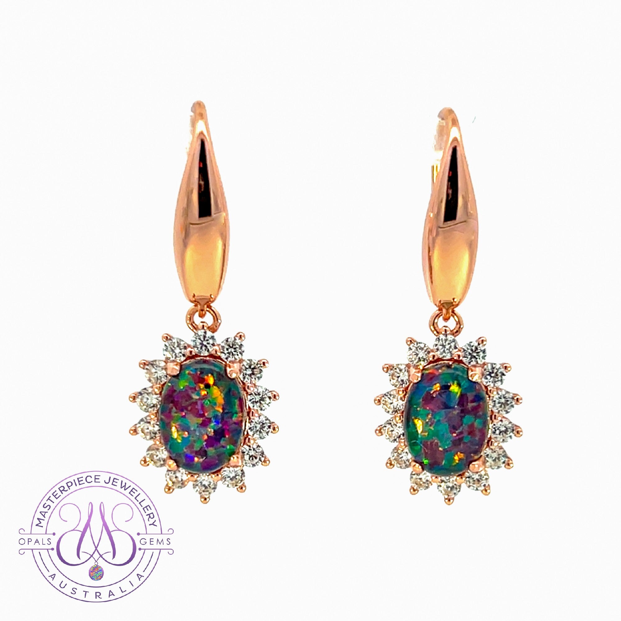 Rose Gold plated silver dangling hook style Opal triplet cluster earrings