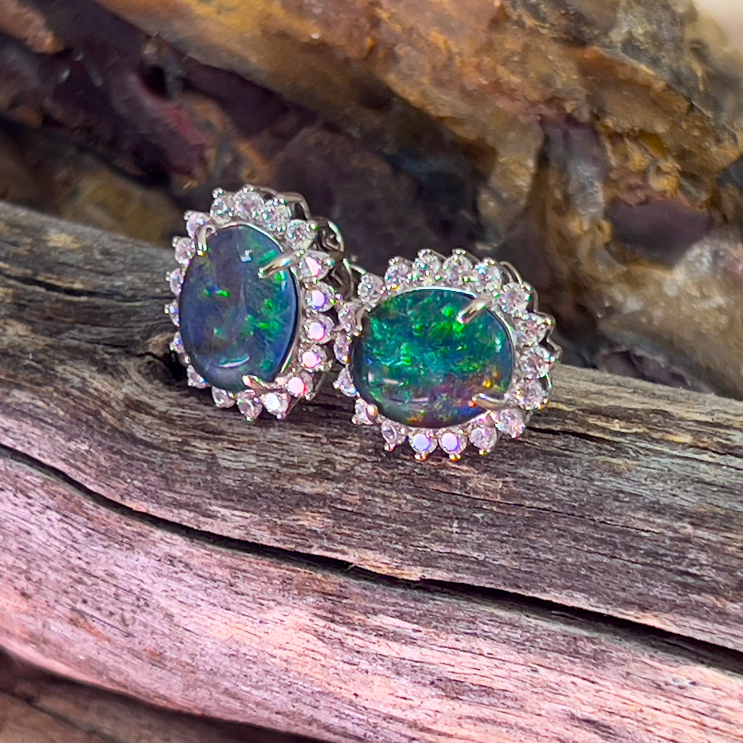Sterling Silver 10x8mm Opal triplet cluster earrings studs - Masterpiece Jewellery Opal & Gems Sydney Australia | Online Shop