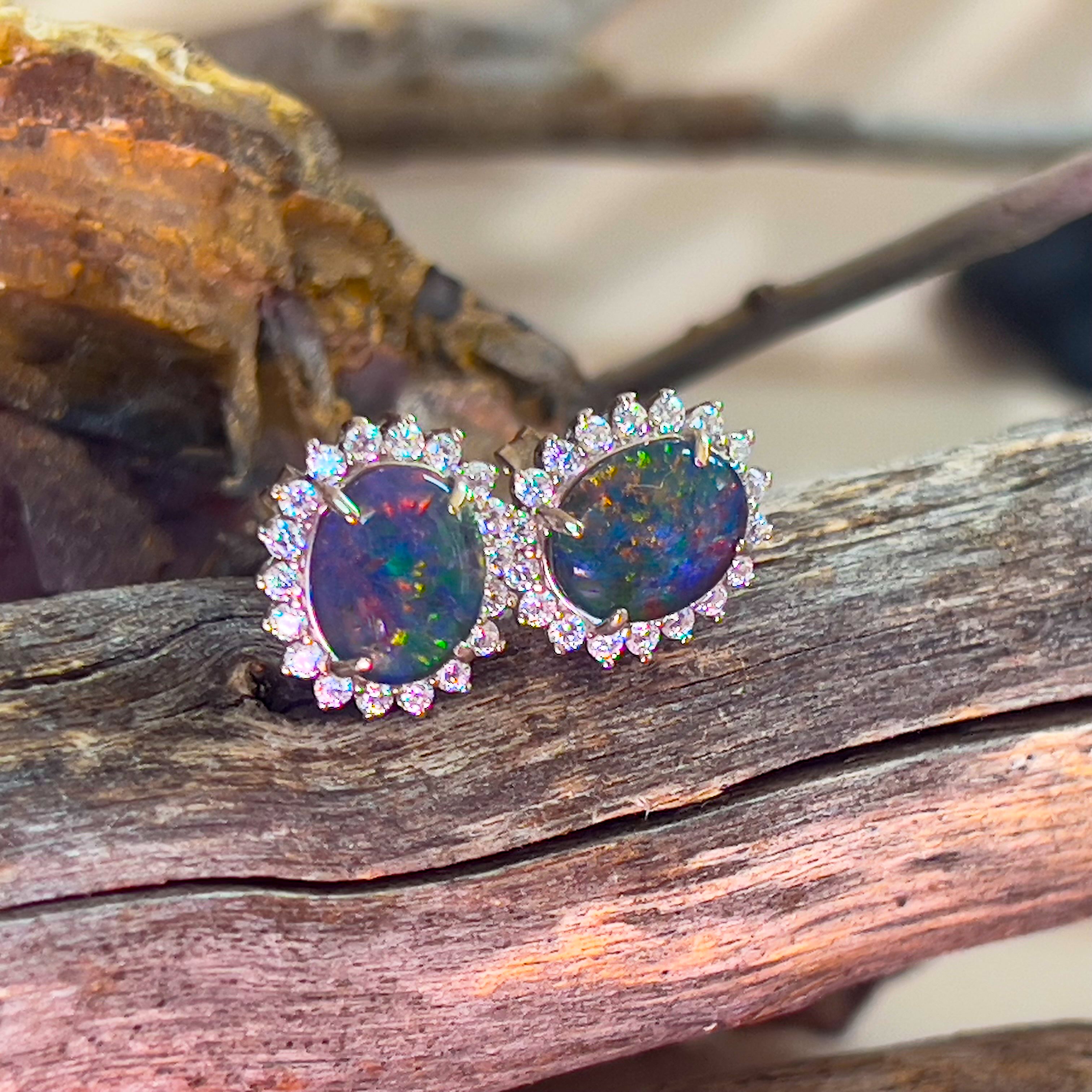 Sterling Silver 10x8mm Opal triplet cluster earrings studs - Masterpiece Jewellery Opal & Gems Sydney Australia | Online Shop