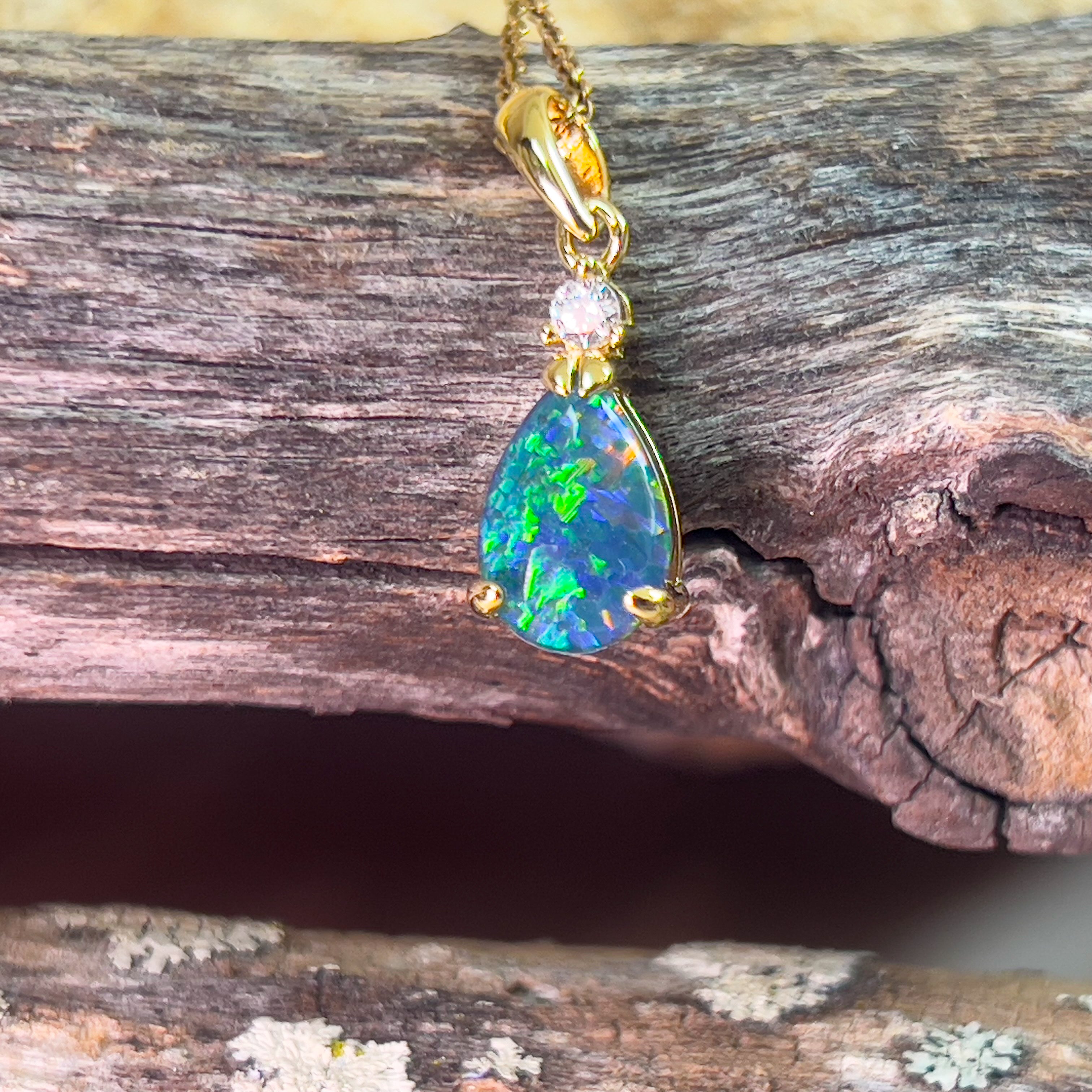 Sterling Silver Gold plated Opal triplet 13x8mm pear shape and cubic zirconia pendant - Masterpiece Jewellery Opal & Gems Sydney Australia | Online Shop