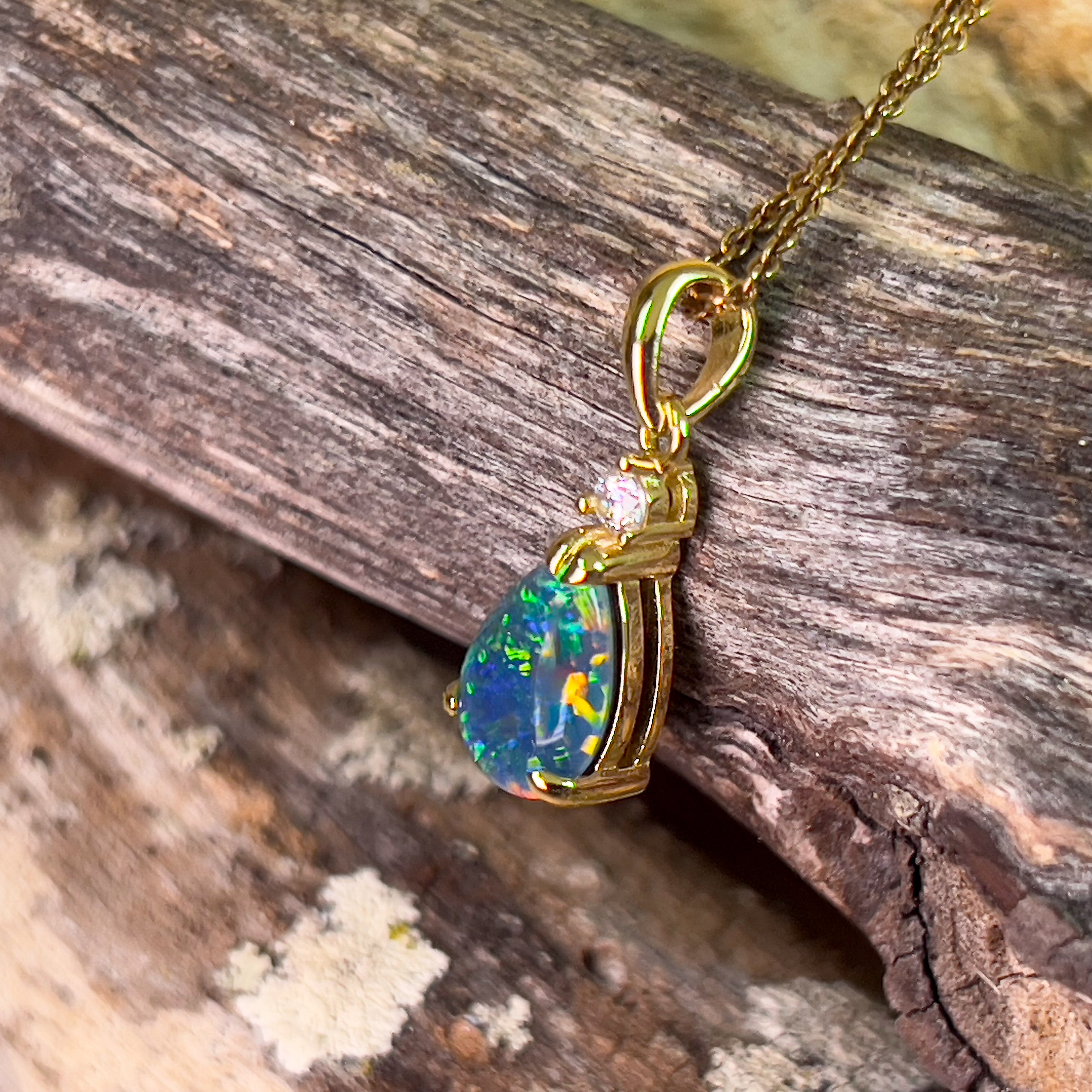 Sterling Silver Gold plated Opal triplet 13x8mm pear shape and cubic zirconia pendant - Masterpiece Jewellery Opal & Gems Sydney Australia | Online Shop