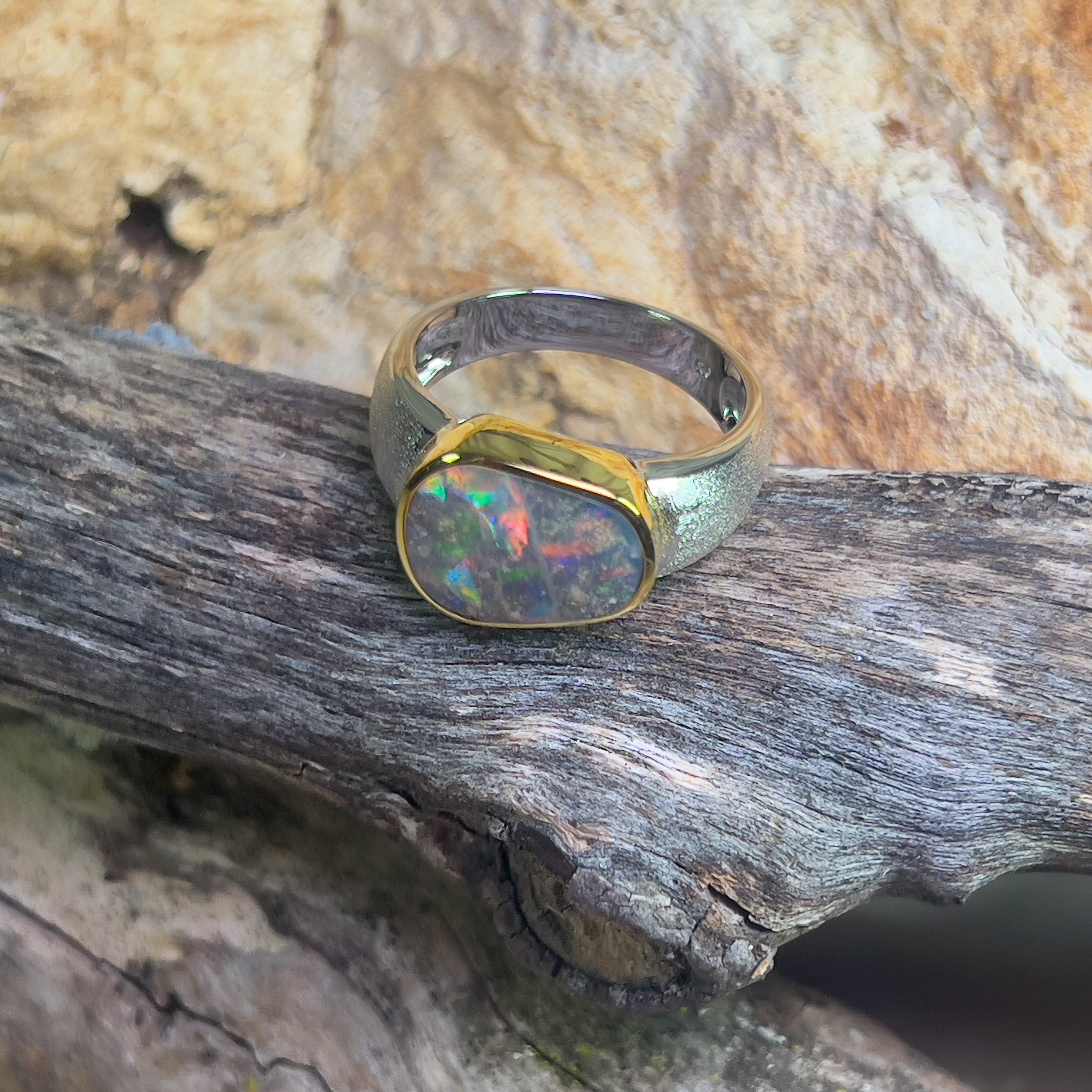 Sterling Silver matte and Gold plate bezel Boulder opal 3.6ct ring - Masterpiece Jewellery Opal & Gems Sydney Australia | Online Shop