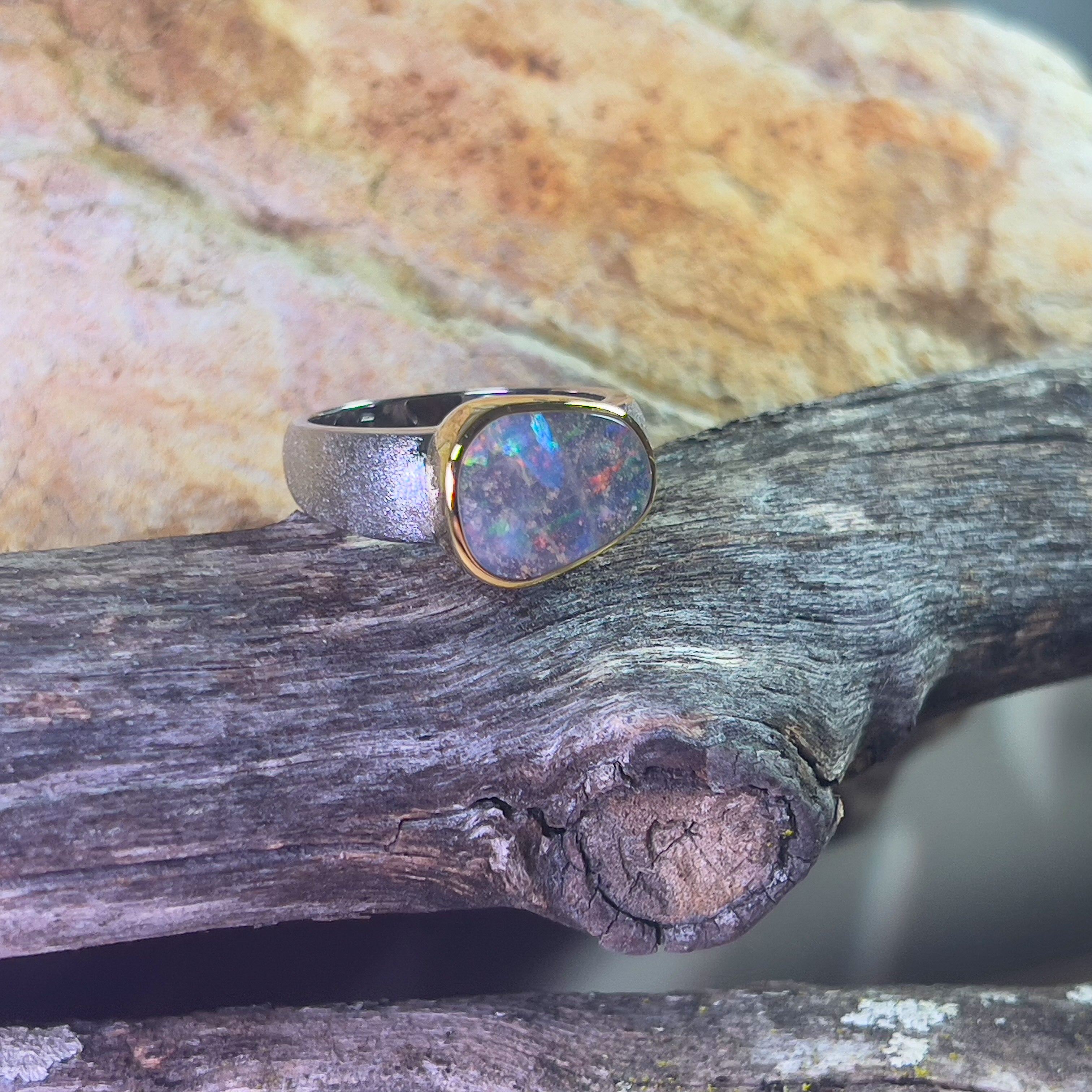 Silver matte Gold plate Boulder Opal ring 4.93ct - Masterpiece Jewellery Opal & Gems Sydney Australia | Online Shop