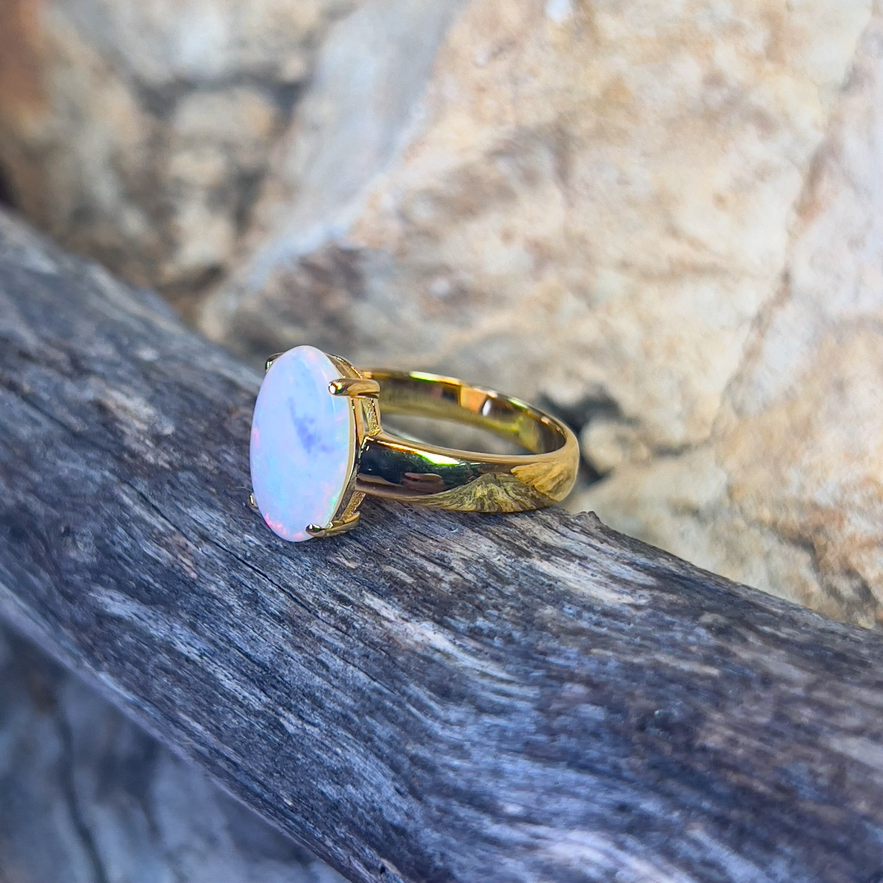 Gold Plated Sterling Silver solitaire White Opal ring 1.1ct - Masterpiece Jewellery Opal & Gems Sydney Australia | Online Shop