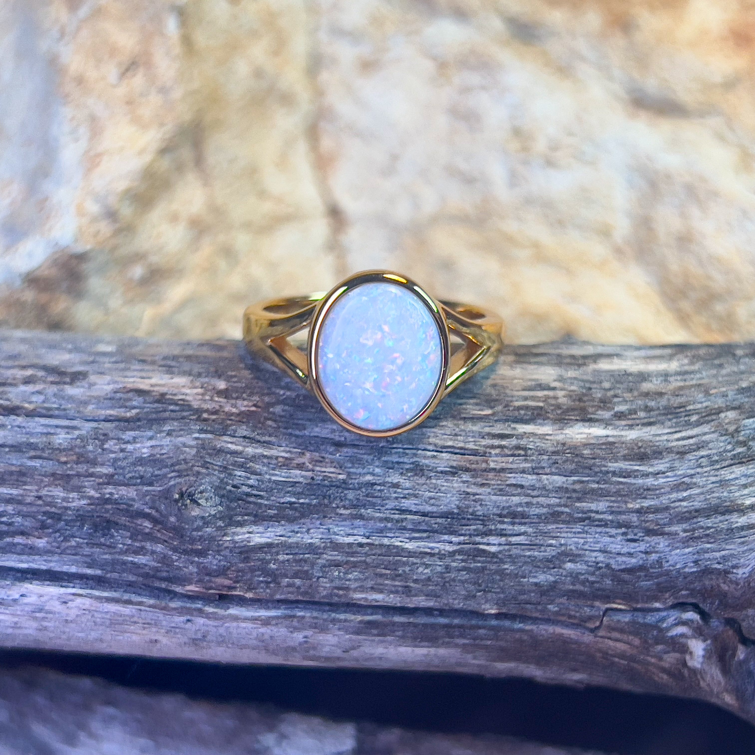 Gold plated Sterling Silver bezel set 1.35ct White Opal ring split shank - Masterpiece Jewellery Opal & Gems Sydney Australia | Online Shop