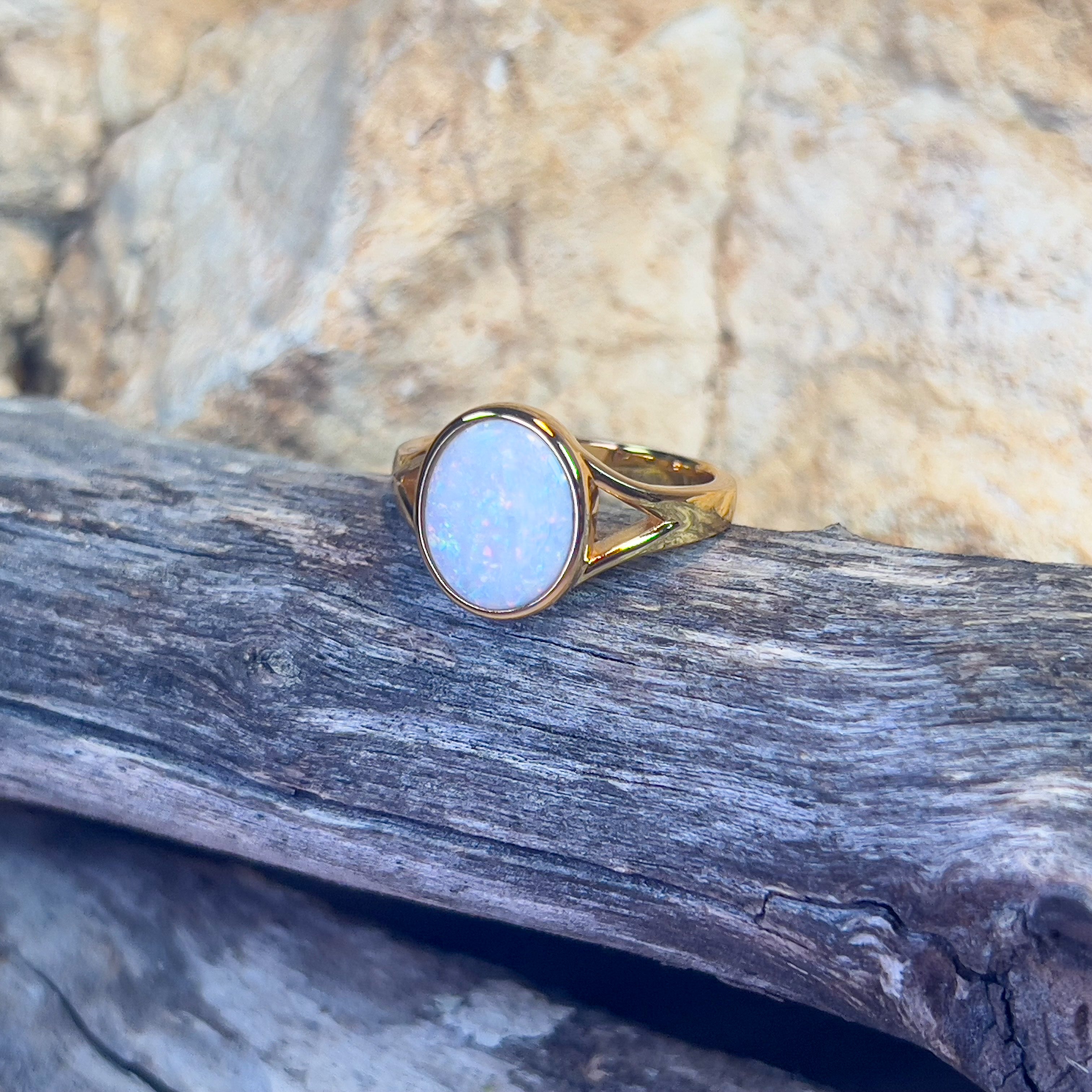 Gold plated Sterling Silver bezel set 1.35ct White Opal ring split shank - Masterpiece Jewellery Opal & Gems Sydney Australia | Online Shop