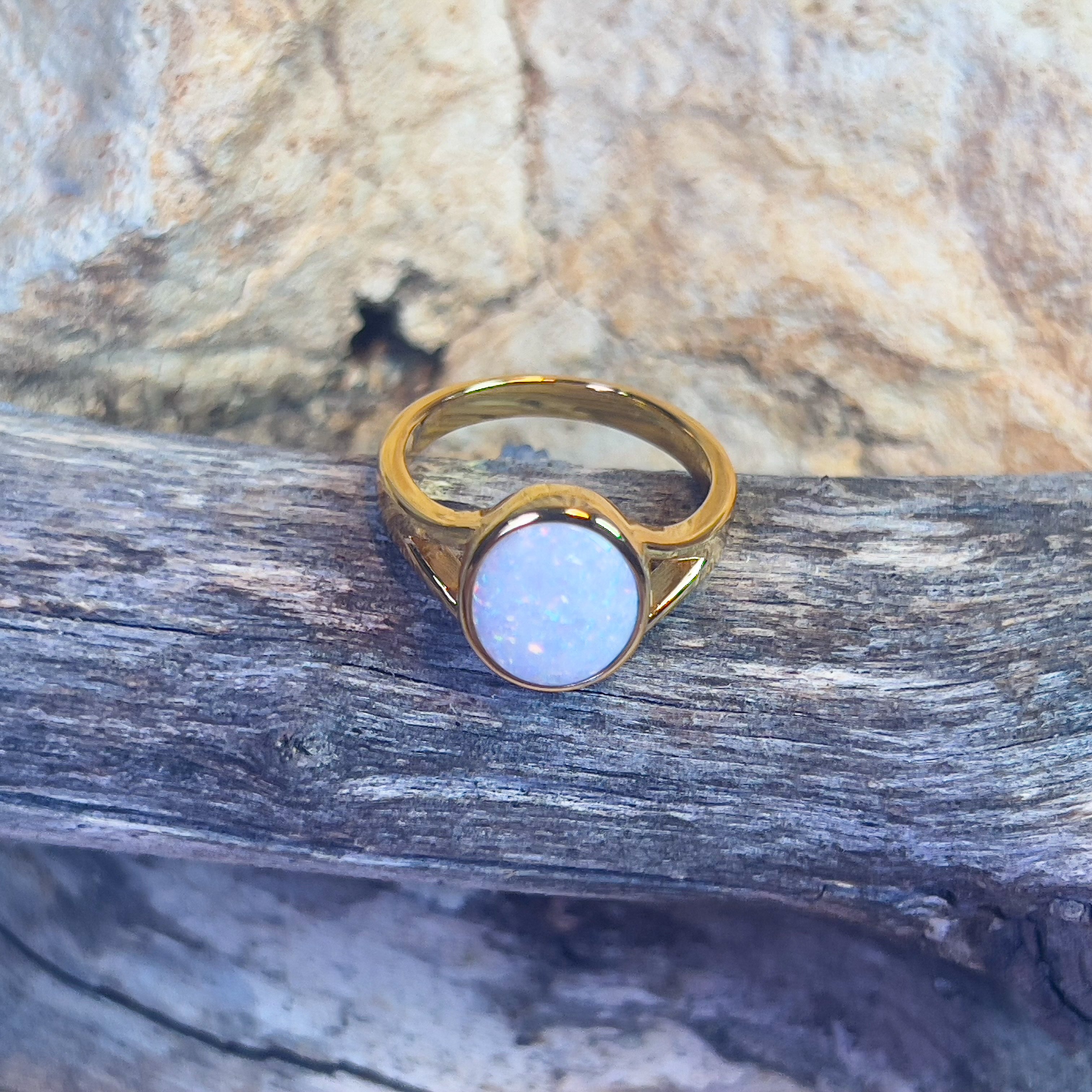 Gold plated Sterling Silver bezel set 1.35ct White Opal ring split shank - Masterpiece Jewellery Opal & Gems Sydney Australia | Online Shop