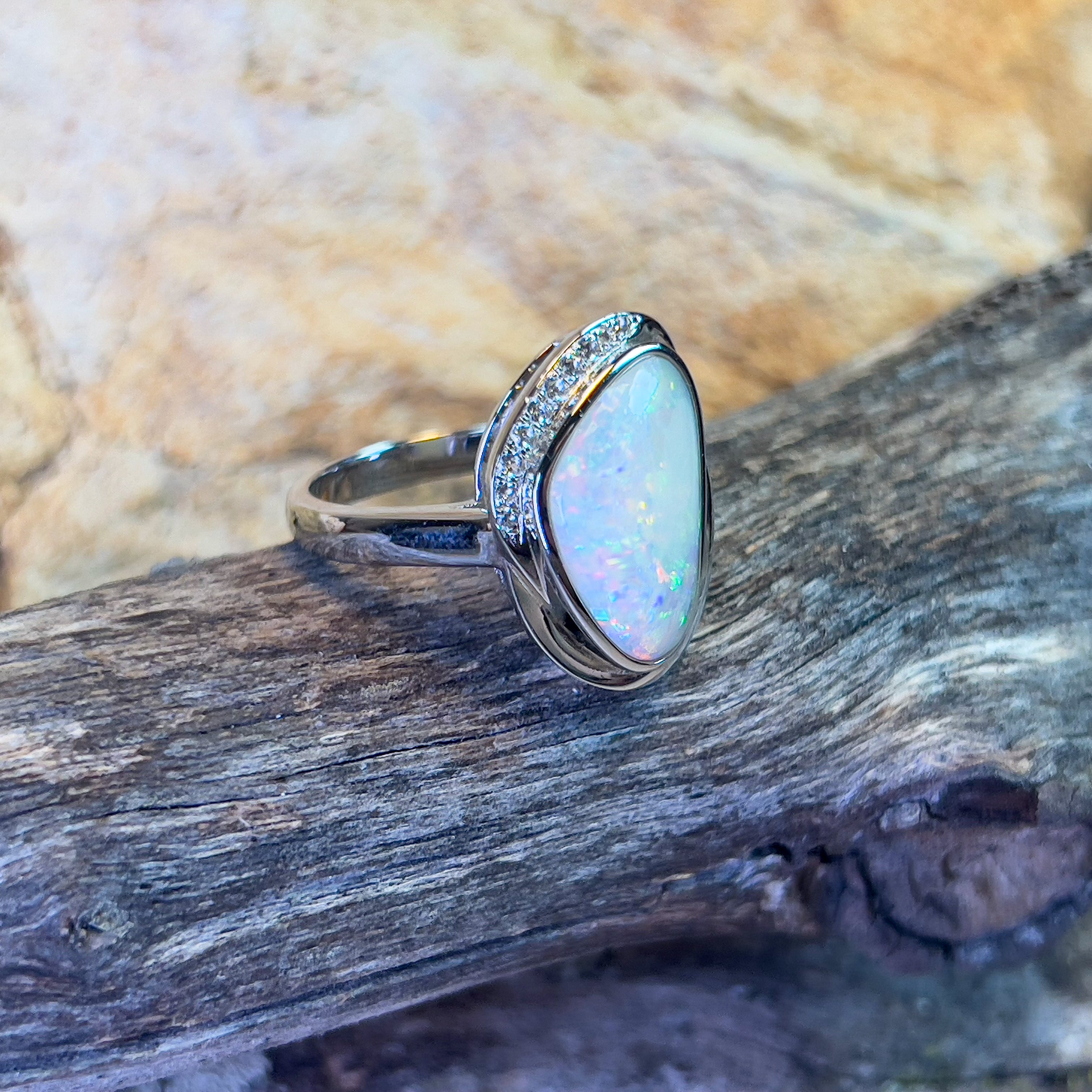 Sterling Silver White Opal 2.45ct and cubic zirconia ring bezel set - Masterpiece Jewellery Opal & Gems Sydney Australia | Online Shop