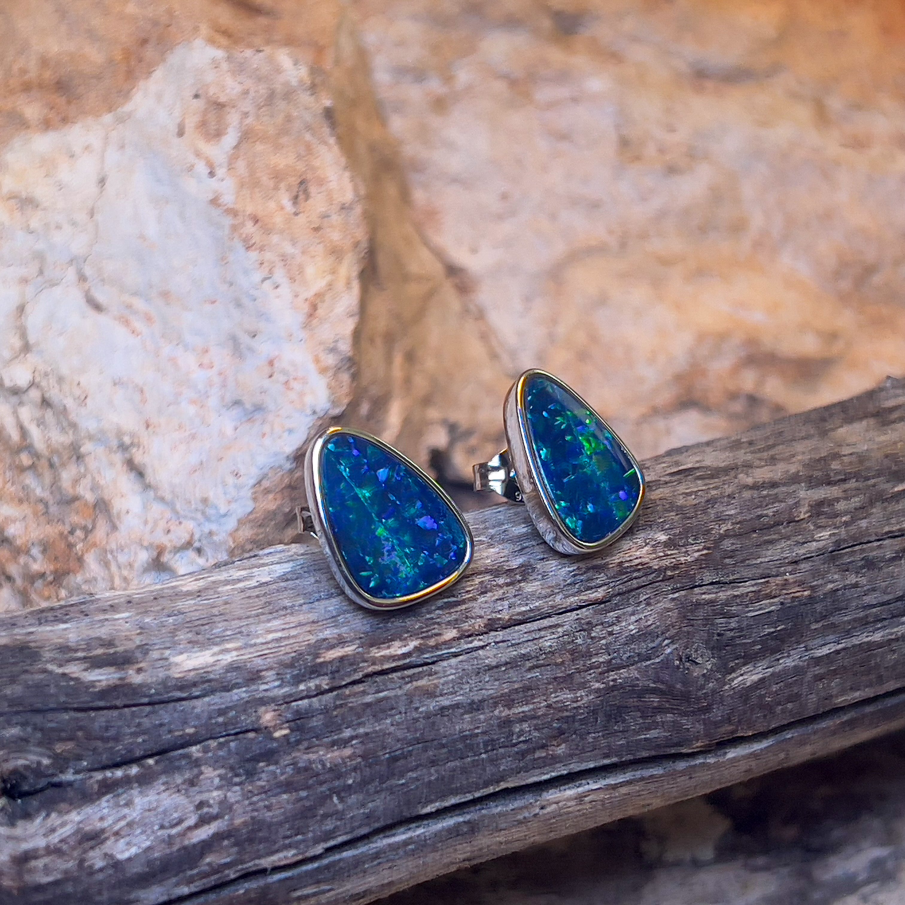 Sterling Silver freeform blue opal studs - Masterpiece Jewellery Opal & Gems Sydney Australia | Online Shop