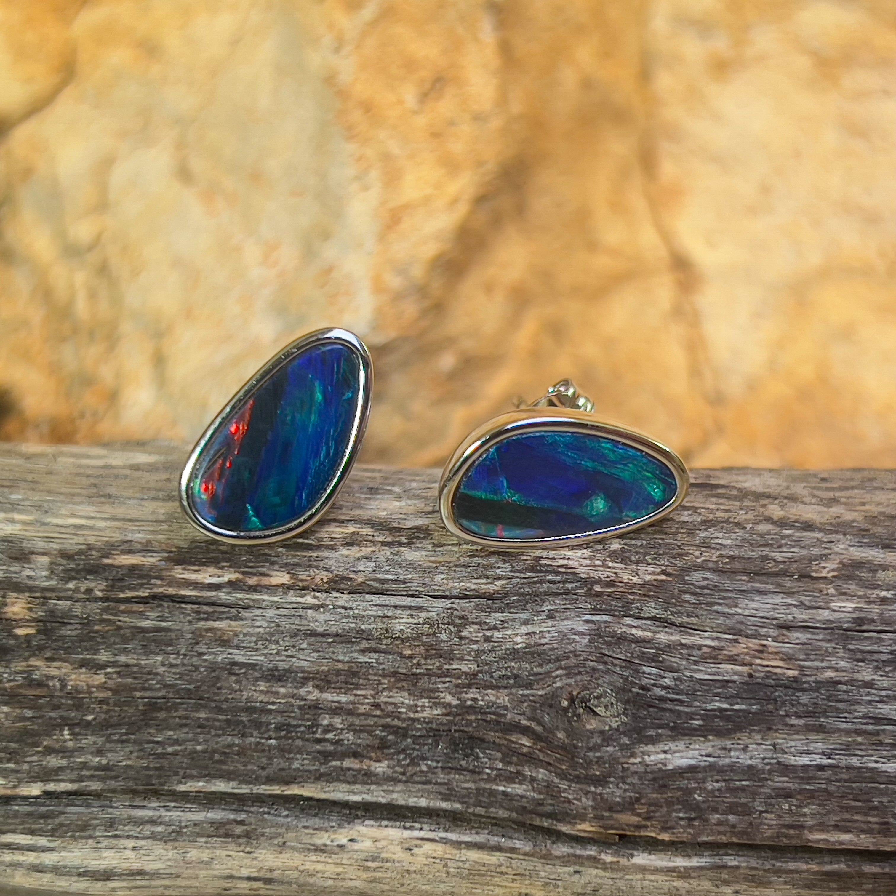 Sterling Silver long freeform Opal doublet studs - Masterpiece Jewellery Opal & Gems Sydney Australia | Online Shop