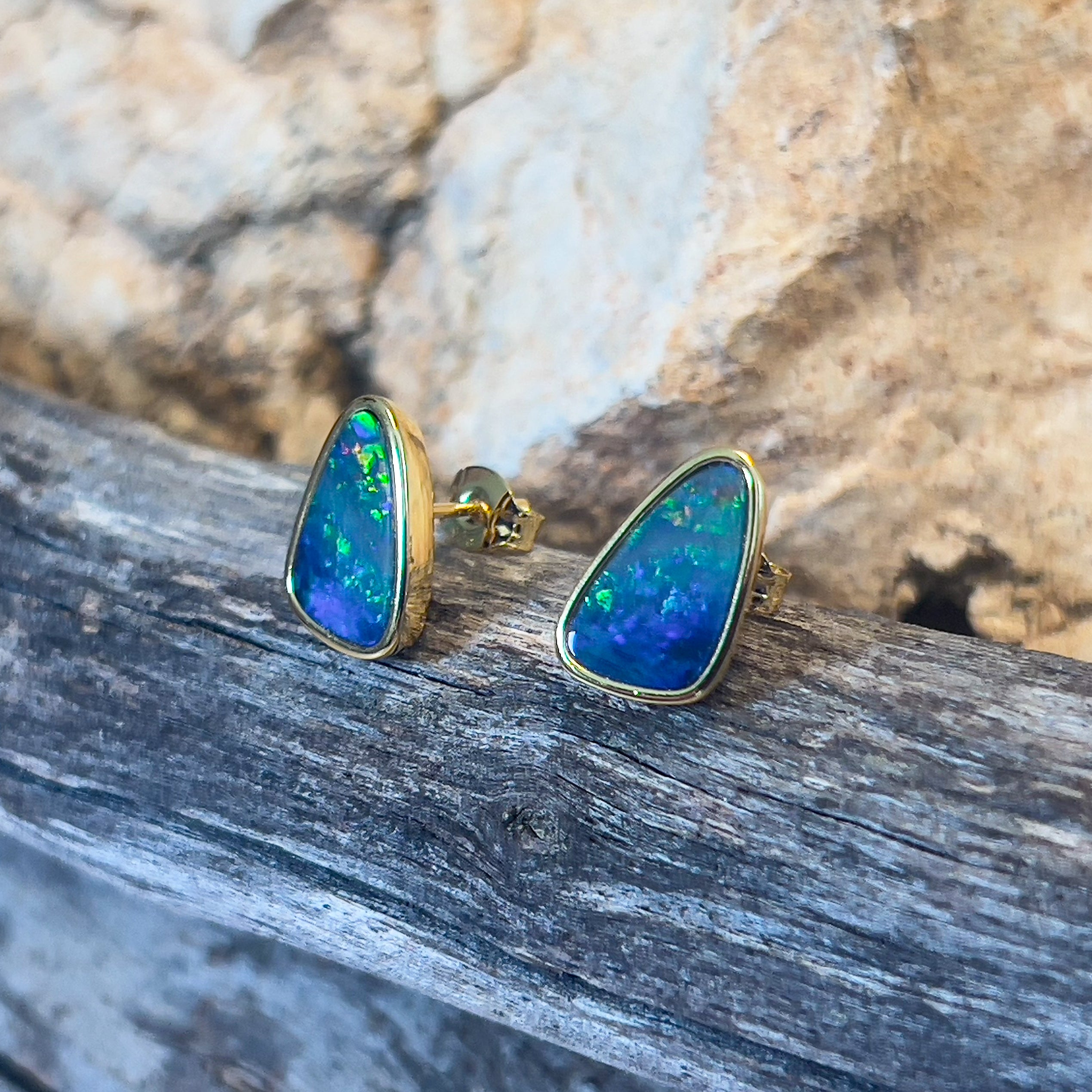 Gold Plated sterling silver freeform Doublet earrings studs - Masterpiece Jewellery Opal & Gems Sydney Australia | Online Shop